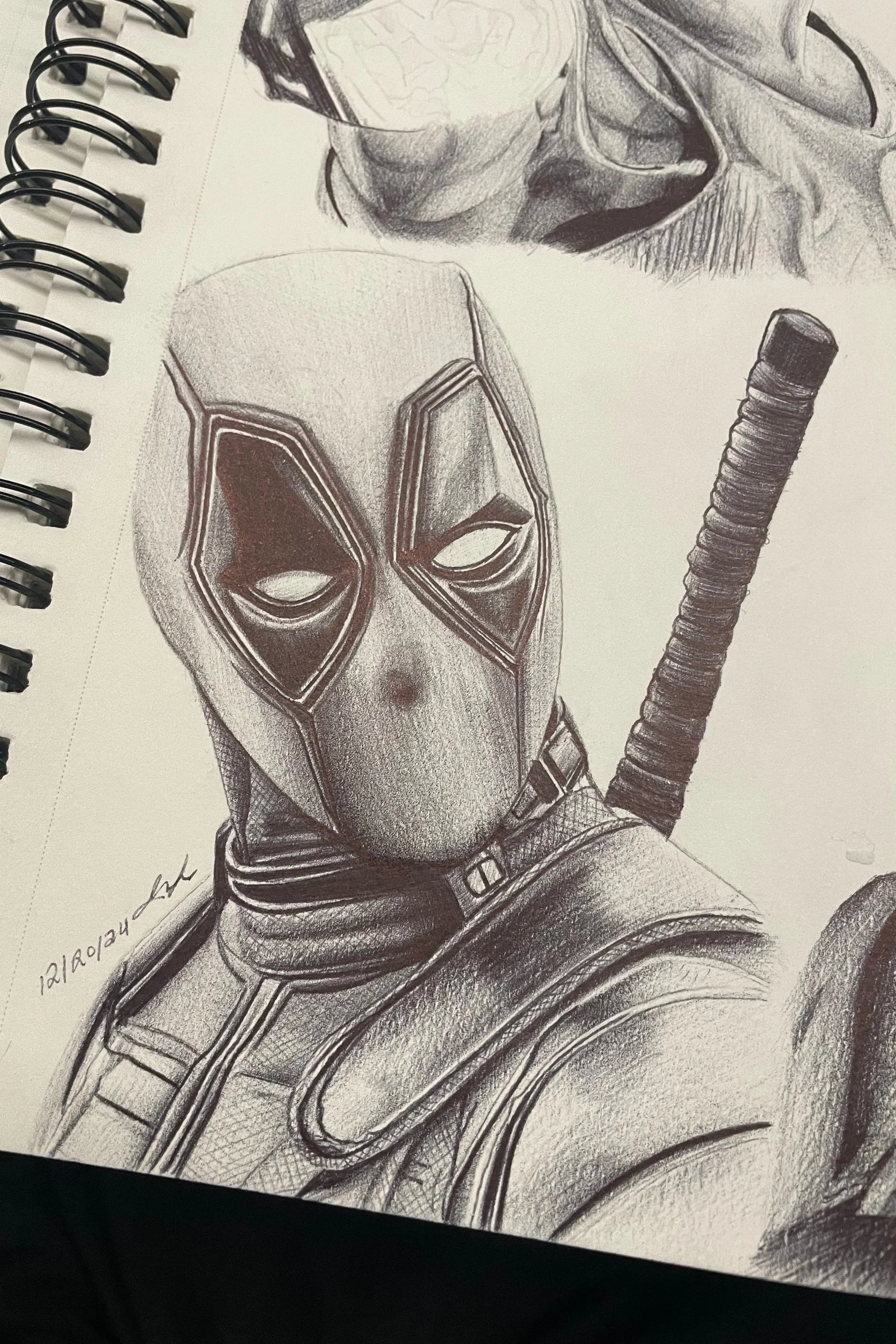 A detailed black and white sketch of Deadpool wearing a mask and suit, with a large katana sword strapped to his back and the head slightly turned to the side.