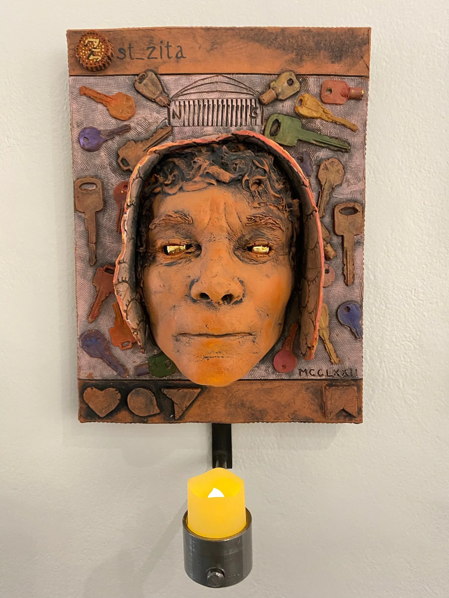 SOLD: St. Zita 
Patron Saint of Clean Houses and Household Chores (Italian 1212-1272)
St. Zita, while hardworking and conscientious, was an independent thinker and stubborn which lead to her martyrdom. She is one of the people about whom I wonder why