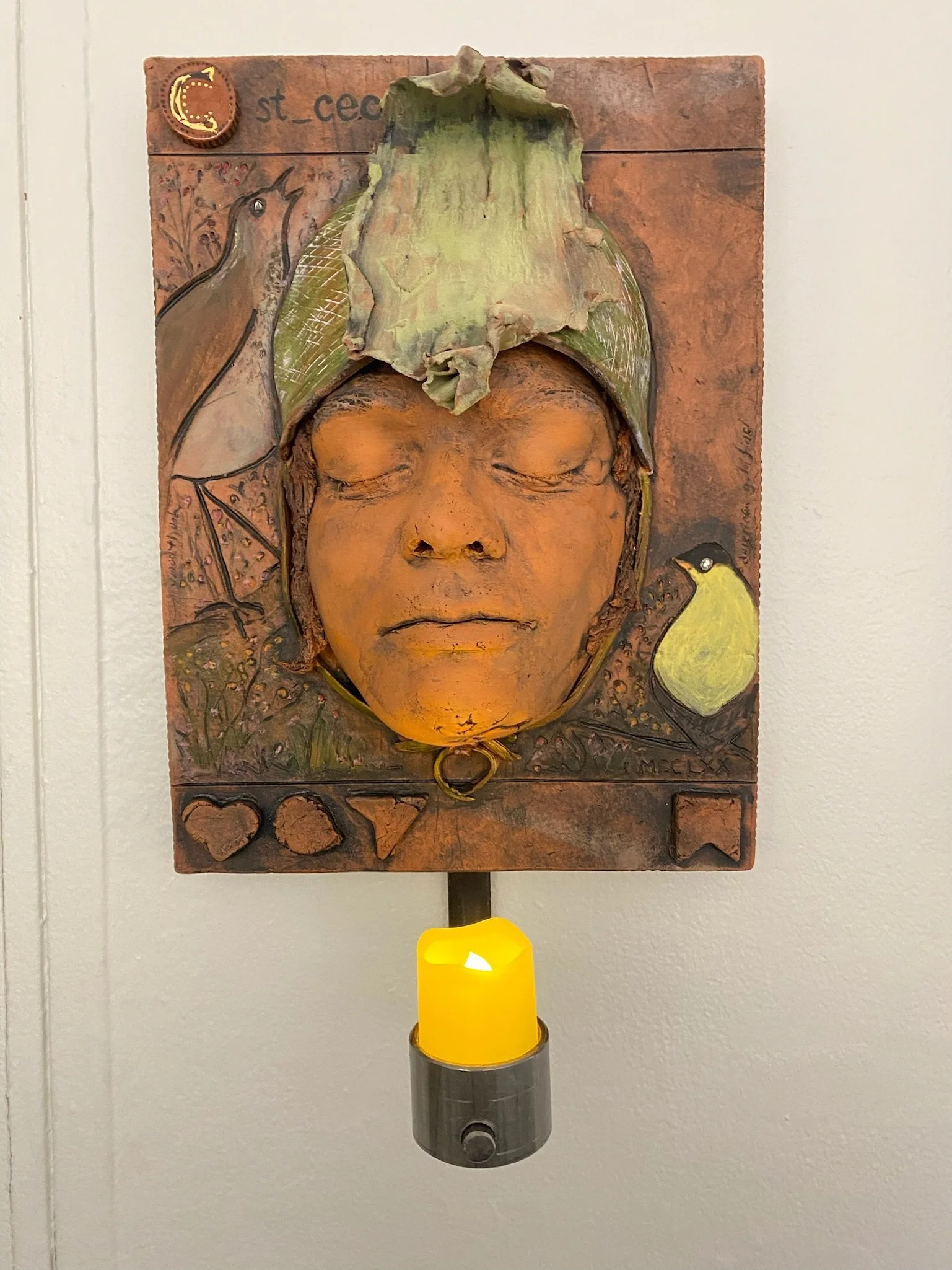 SOLD: St. Cecilia: 
Patron Saint of Blindness and Music (Roman 180-230) 
I am intrigued the St. Cecelia and St. Lucy’s connection. I show her with eyes closed, the better to listen to the birdsong.