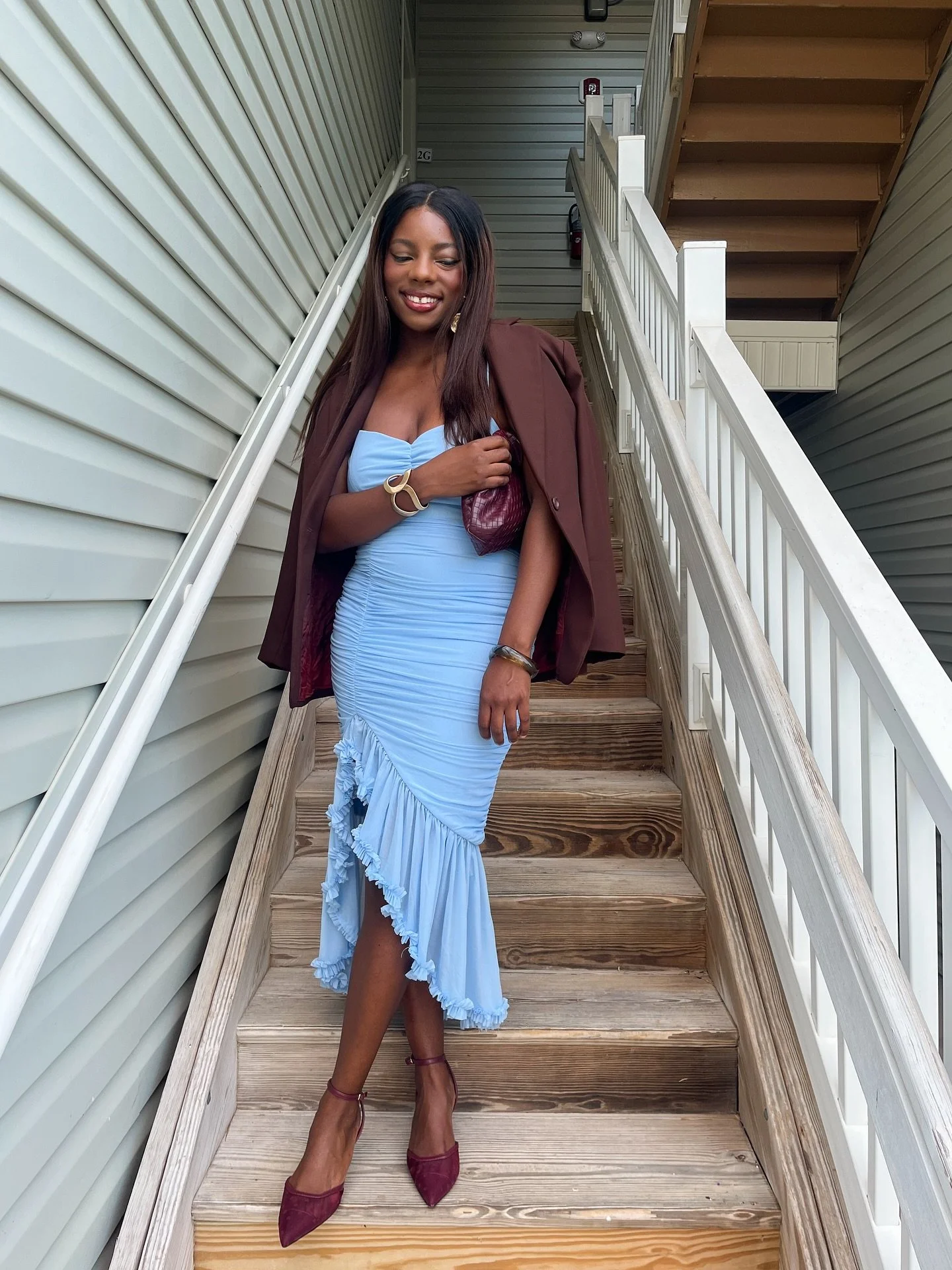 the outfit needed it&rsquo;s own post 🩵🤎 happy fall!  what I wore: fall influencer dinner edition 
pairing a blue summer dress with a fall brown blazer was perfect way to transition into the new season. 
SHOP THIS OUTFIT➡️ https://liketk.it/5oBce
B