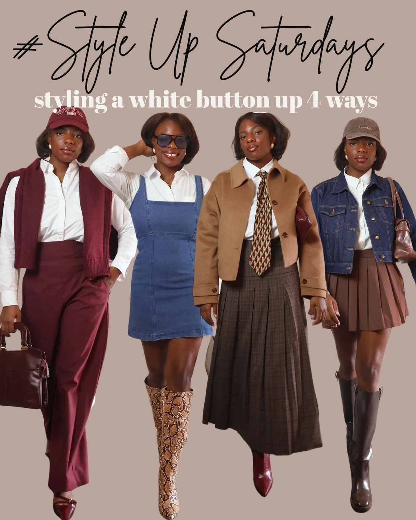 styling a white buttoned down 4 ways. 🤎 #styleupsaturday which look is yore favorite? A white buttoned down is a classic and versatile wardrobe staple that pairs well with many pieces. #affordableoutfits #winteroutfitideas