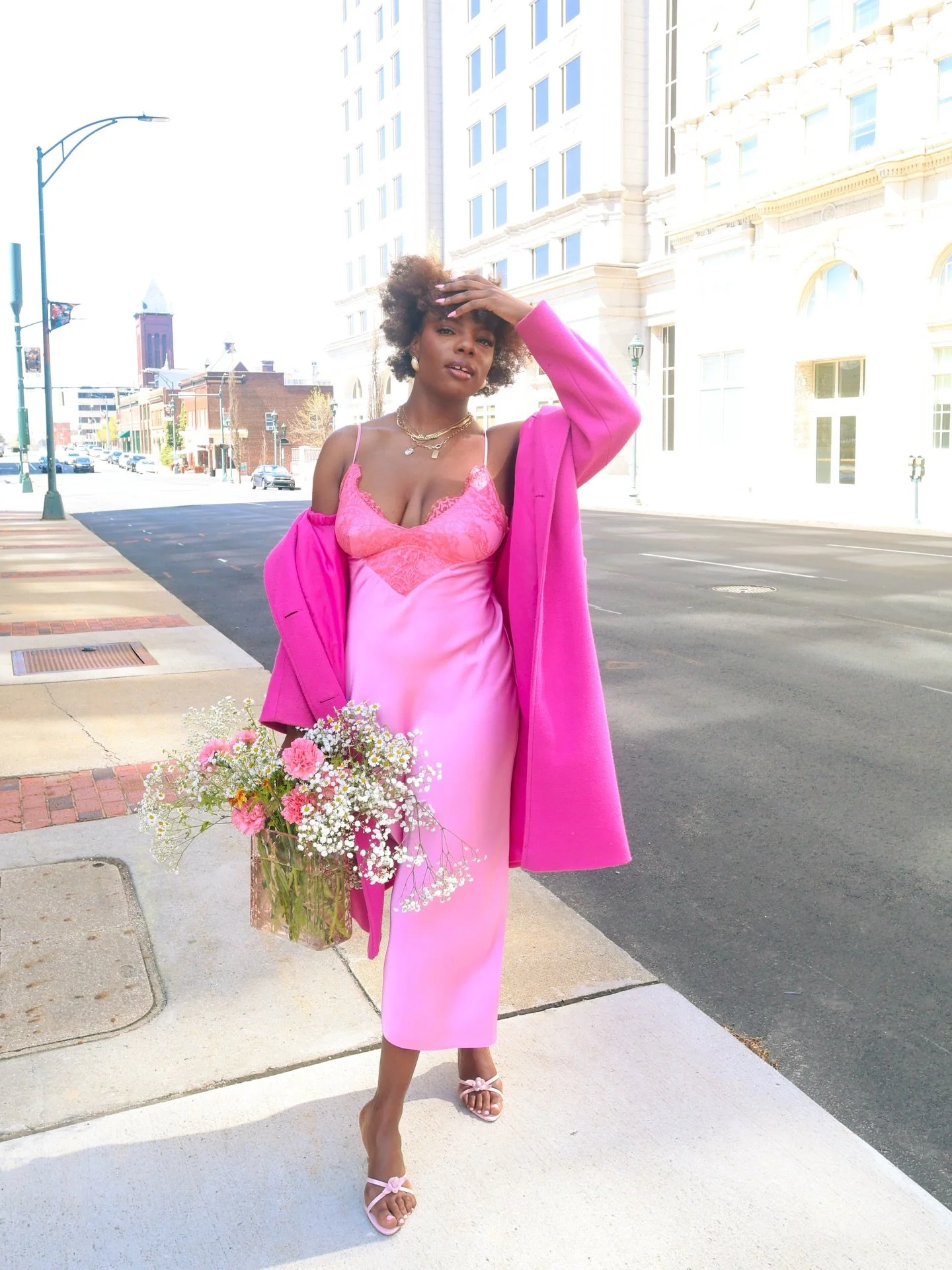 happy spring 💐 my favorite season 🤭
dress from @ronnykoboofficial via @renttherunway use my code: RTRXAGARRETT to get 50% off your first month! 
coat: @poshmark 
Heels: @lulus 

photos by @daydaytupac