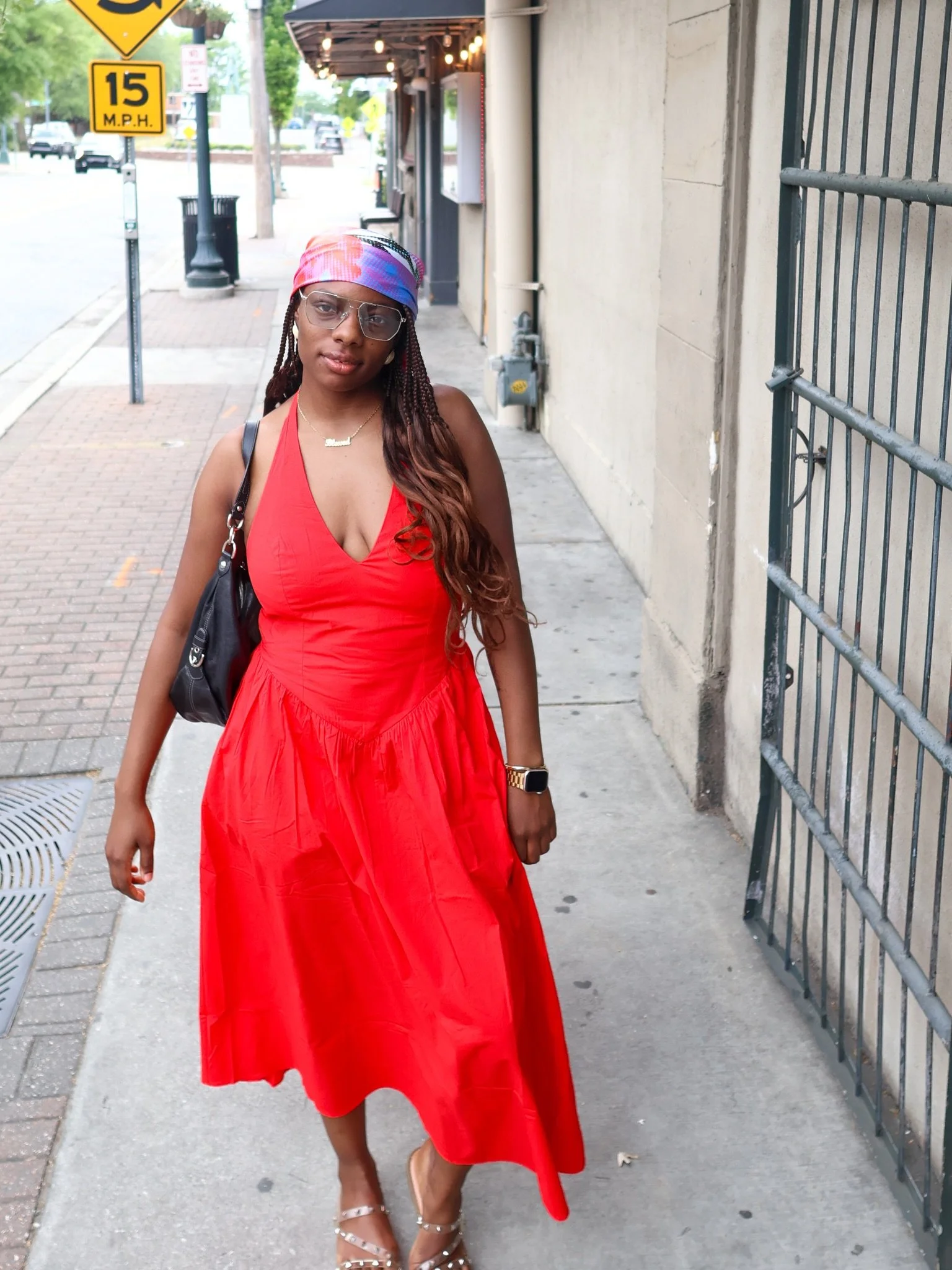 slice of life 🍕
the @christopherjohnrogers x @oldnavy halter red dress is so me ❤️ i wore it on our Saturday stroll! The floral scarf added it to the look! 
📸: photographer bae