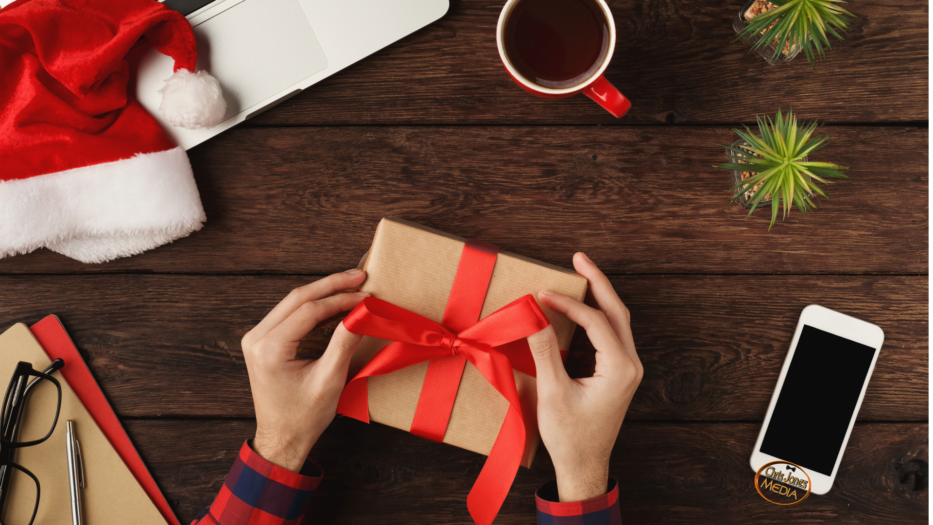 Wrapping presents on an office desk