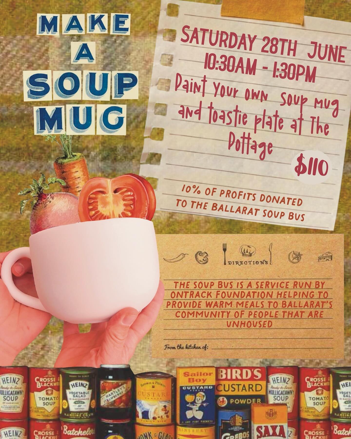 Our Soup Mug and Toastie Plate workshop is back at The Pottage, just in time for winter 🍅

When: Saturday June 28th, 10:30am - 1:30pm

Join us to paint your own soup mug and toastie plate in our most popular speciality session! 
10% of ticket procee
