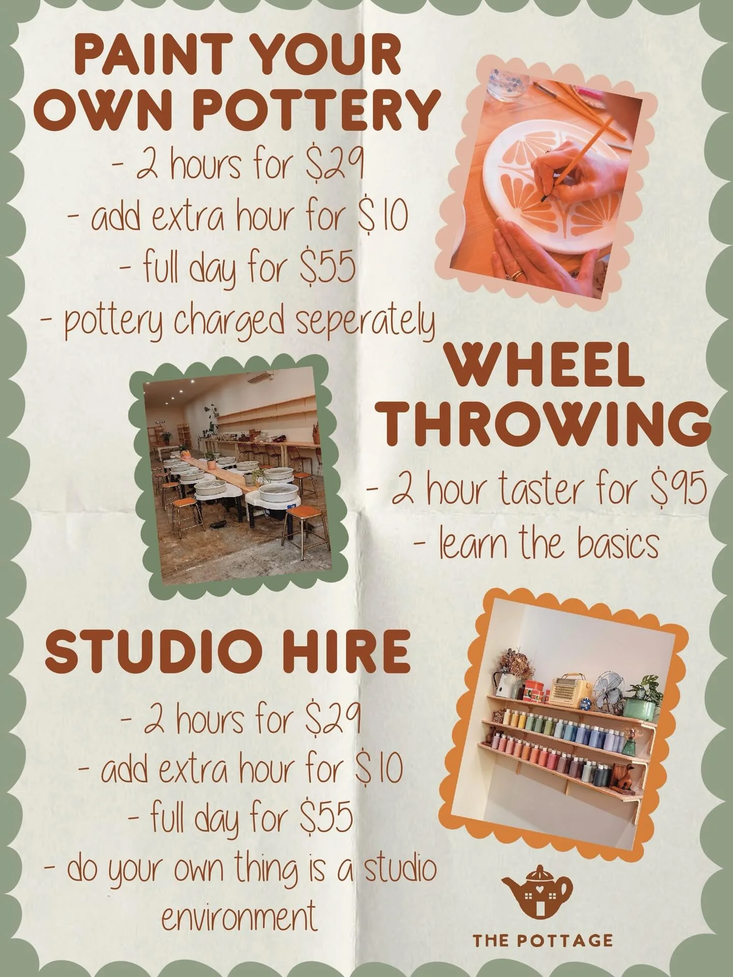 Paint Your Own Pottery, Wheel Throwing &amp; Studio Hire 🎨⭐️

A breakdown of our offerings here at The Pottage. We can already see you all in the space creating &amp; using it as your own arty space to feel inspired &amp; imaginative.

Launching on 