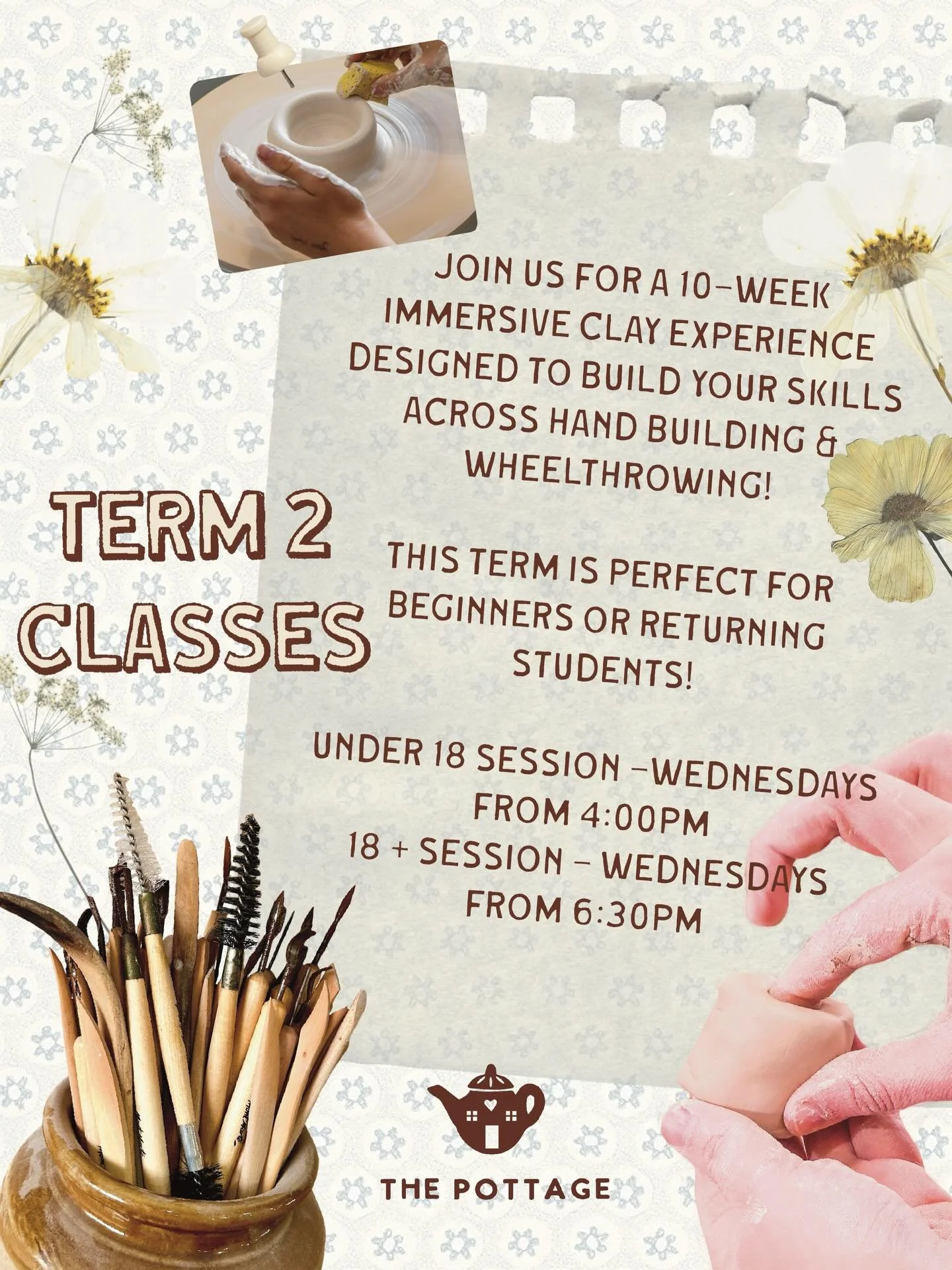 Term classes are here &amp; kicking off at the beginning of Term 2. 

An immersive 10 week course where you will learn different clay &amp; glazing techniques to create functional &amp; decorative ceramic pieces you are proud to display.

Perfect for