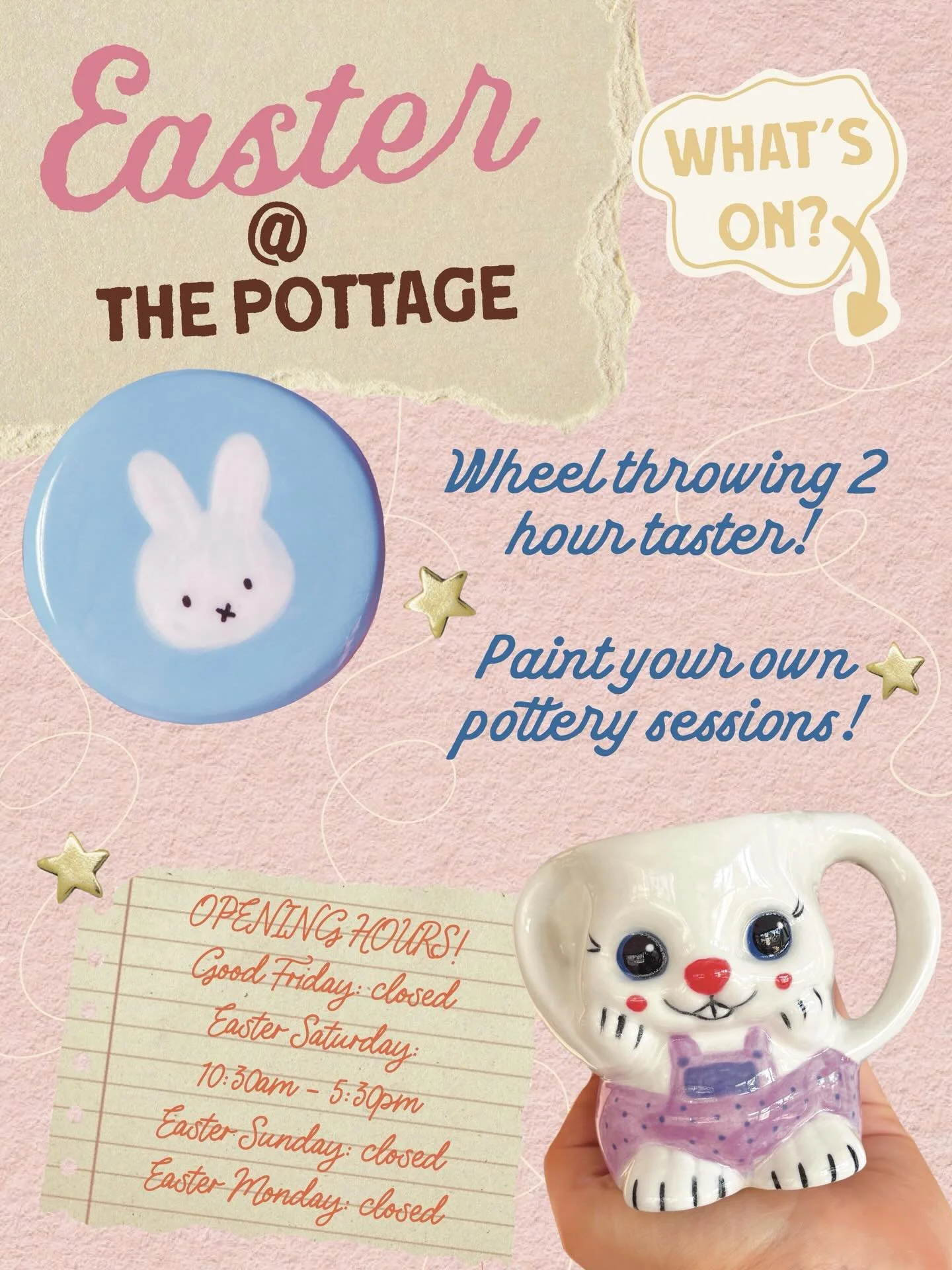 Oh my gosh, it&rsquo;s almost EASTER!

We will be open for 2 hour wheel throwing tasters on Thursday the 2nd of April &amp; Easter Saturday! We will also be open all day on Easter Saturday for paint your own pottery sessions! 

Sneak in a bit of crea