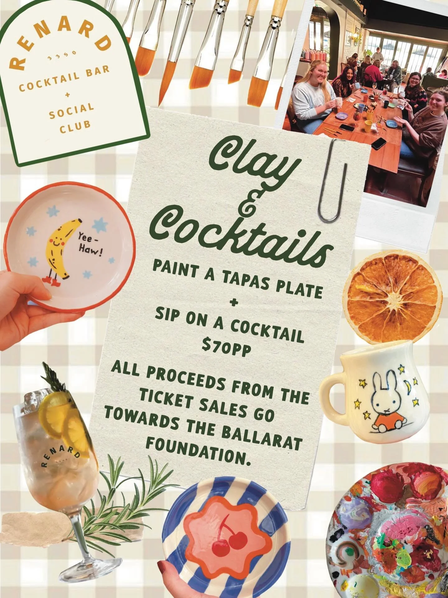 Clay and Cocktails are back 🍸

We have teamed up again with Renard Ballarat to bring two clay and cocktail events. Come and sip on a cocktail while painting a tapas plate! 

This time, all ticket sales will be donated to @ballaratfoundation in suppo