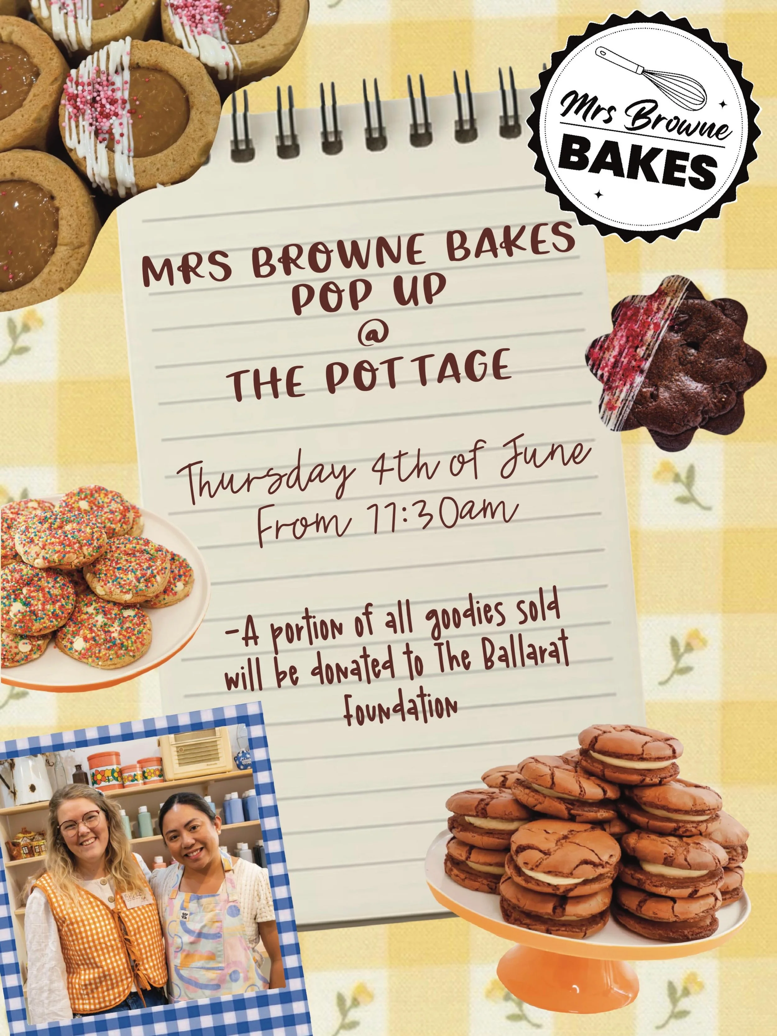 @mrsbrownebakes is popping up at The Pottage! 

Next week on Thursday the 4th of June at 11:30am, you&rsquo;ll be able to get Mrs Browne Bakes delicious sweet treats!!
Erika is kindly donating 20% of goodies sold to @ballaratfoundation in support of 