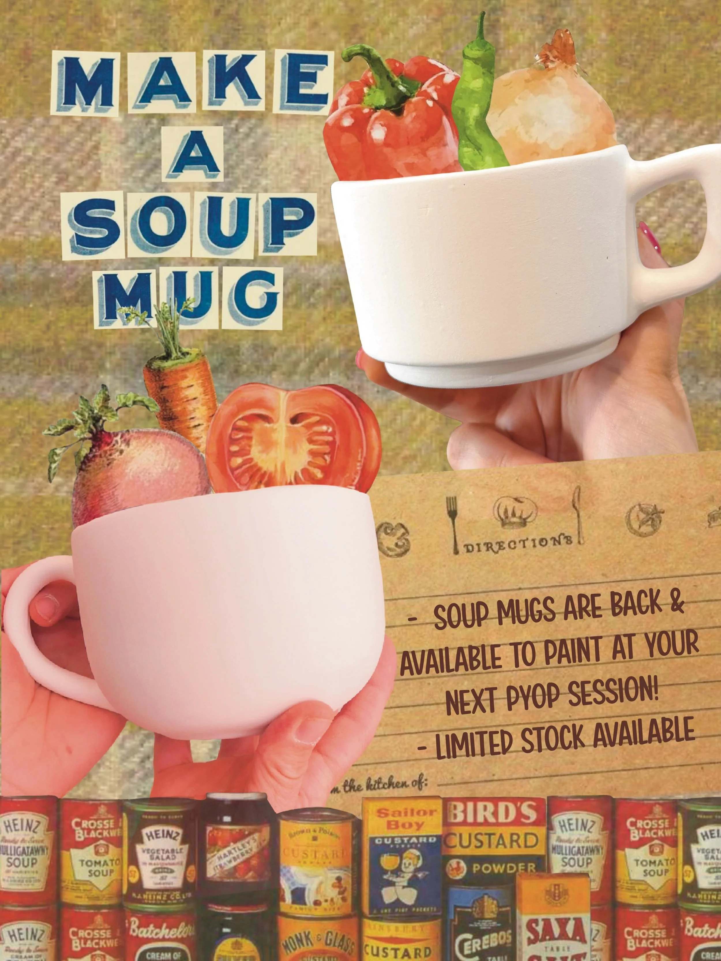 Soup Mugs are back just in time for soup season 🥫🍅

This year we are changing things up a little &amp; our two soups mugs will be hitting the shelves in June. They will be available to paint at any PYOP session, while stocks last. 

Our sessions ar