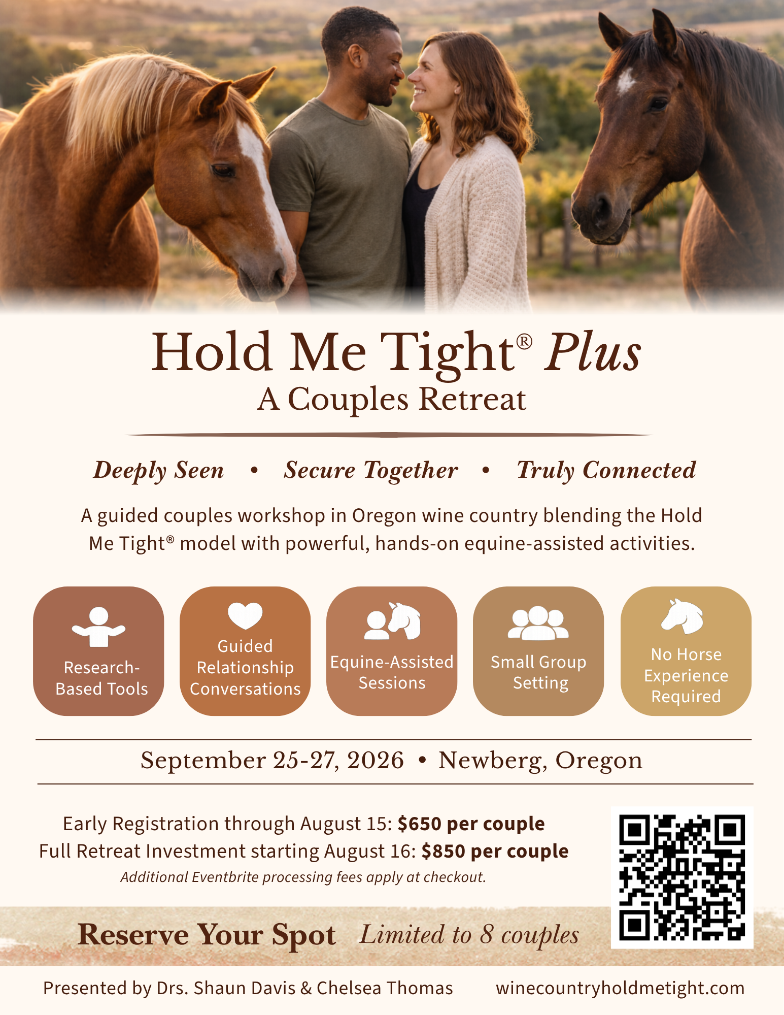 Hold Me Tight® Plus couples retreat flyer featuring a diverse couple with horses at sunset in Oregon wine country, promoting a relationship-focused weekend workshop.