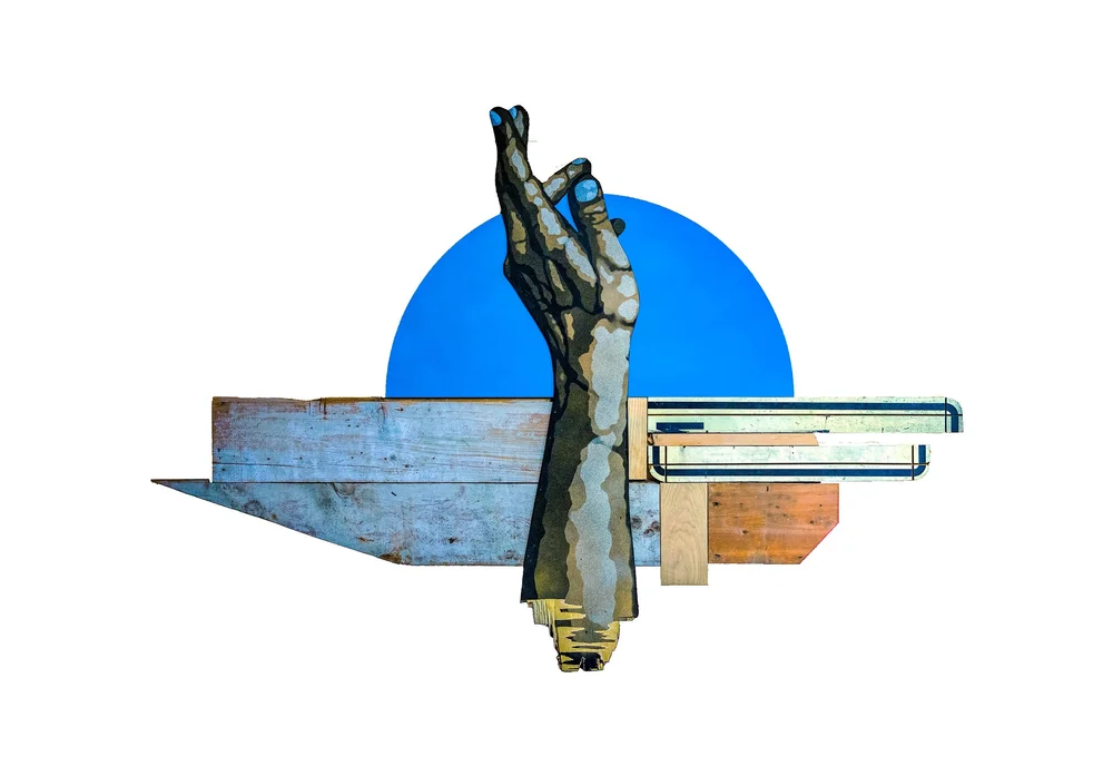 “Sinking” (2023) — reaching arm over a blue disc, painted on reclaimed wood.