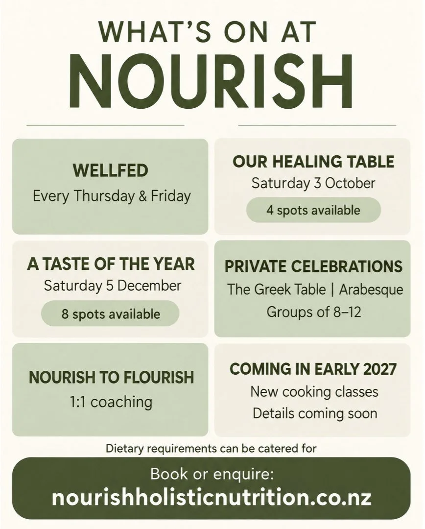 What&rsquo;s on at Nourish?

Here&rsquo;s a little snapshot of what we&rsquo;re currently offering and what&rsquo;s coming next.

We&rsquo;d love to welcome you to our table........