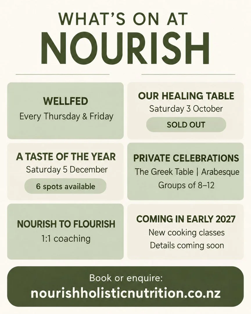 Here's whats on at Nourish......

WellFed is available every Thursday and Friday, with orders closing on Wednesday. 

If you would like nourishing, flavour-packed meals ready for the week ahead, now is the time to place your order.