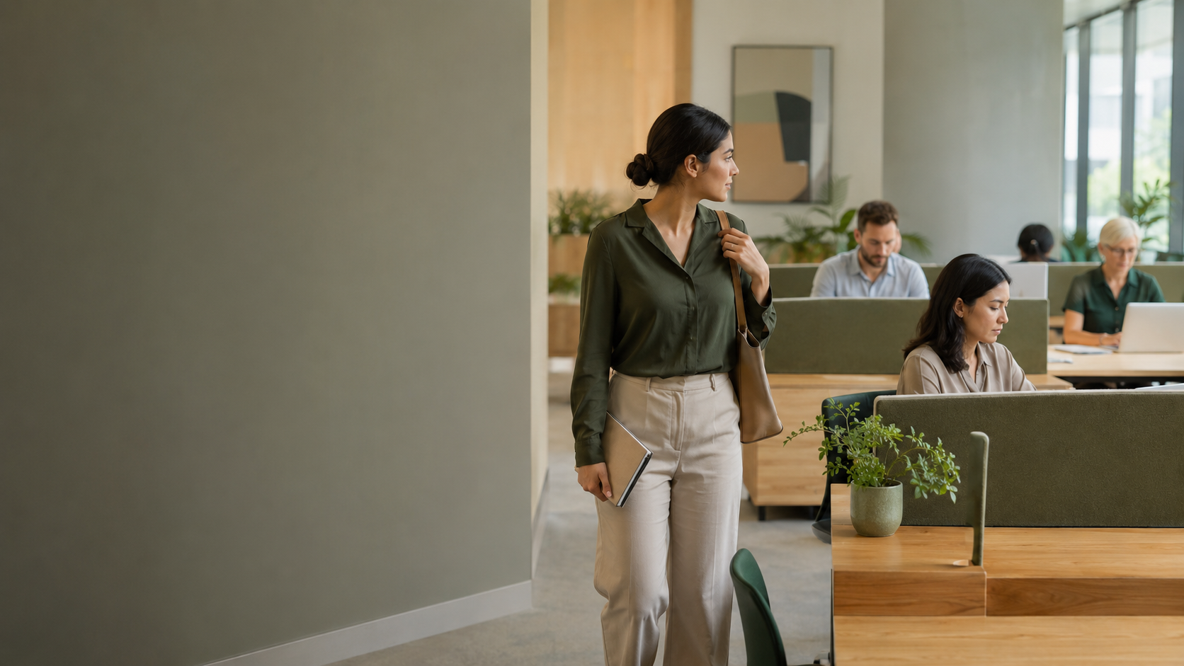 A professional leaves a shared office workspace while colleagues continue working in the background, representing flexible participation and retained workforce capability.
