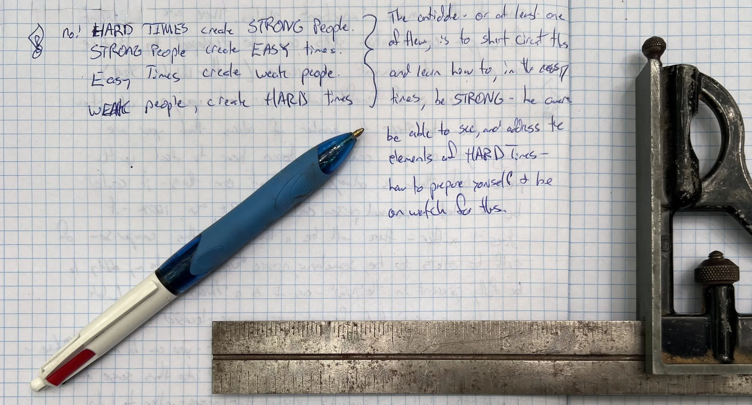 Notebook reflection on leadership strength and preparedness during calm periods, framed by a carpenter's square