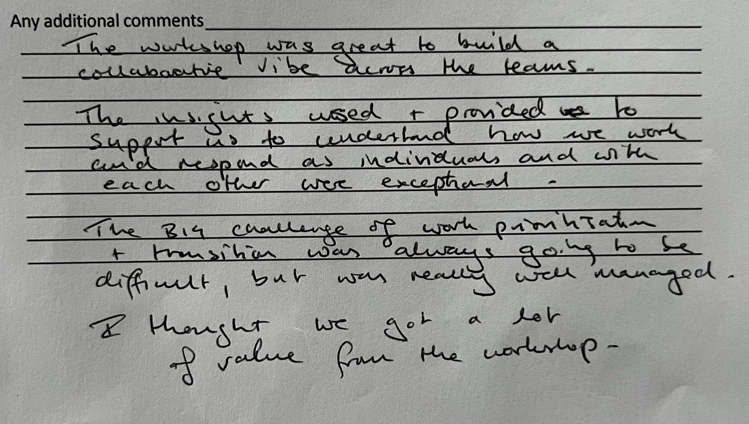 Handwritten notes on a lined sheet of paper discussing a workshop, teamwork, and support.