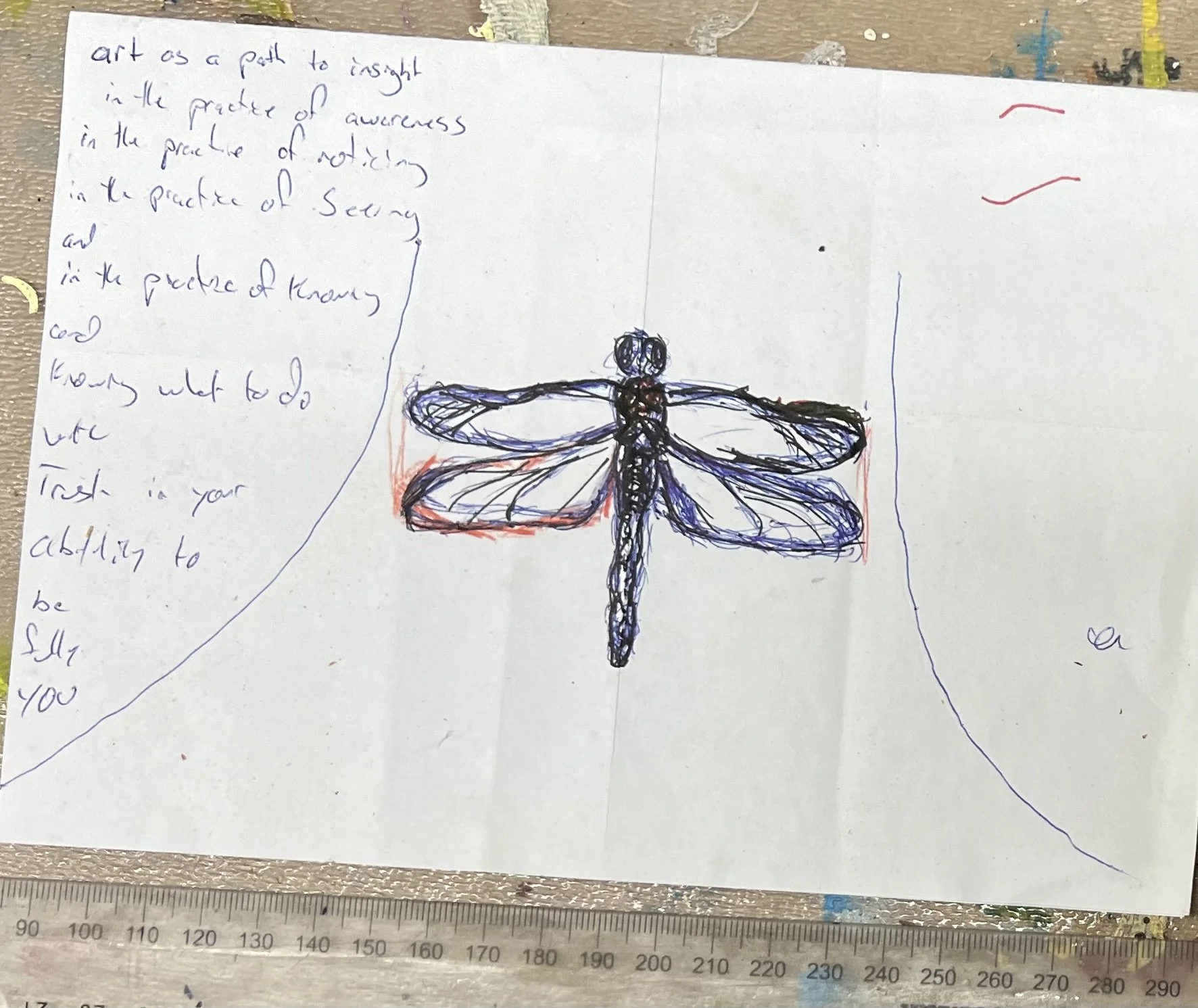 Hand-drawn dragonfly on paper with handwritten text reading "art as a path to insight, in the practice of awareness, noticing, seeing, and knowing", resting on a work surface.
