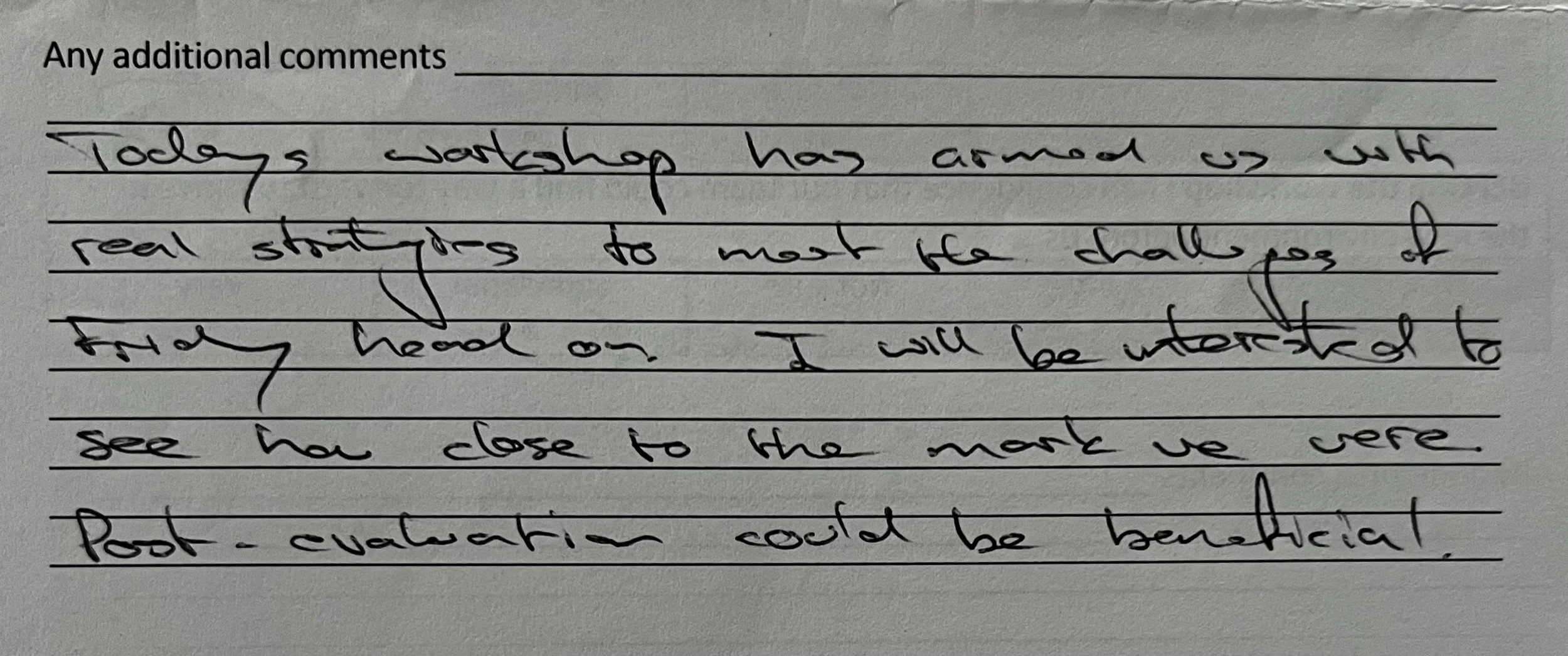 Handwritten note on lined paper about a workshop involving real shot dogs, with comments about close observation and evaluation.