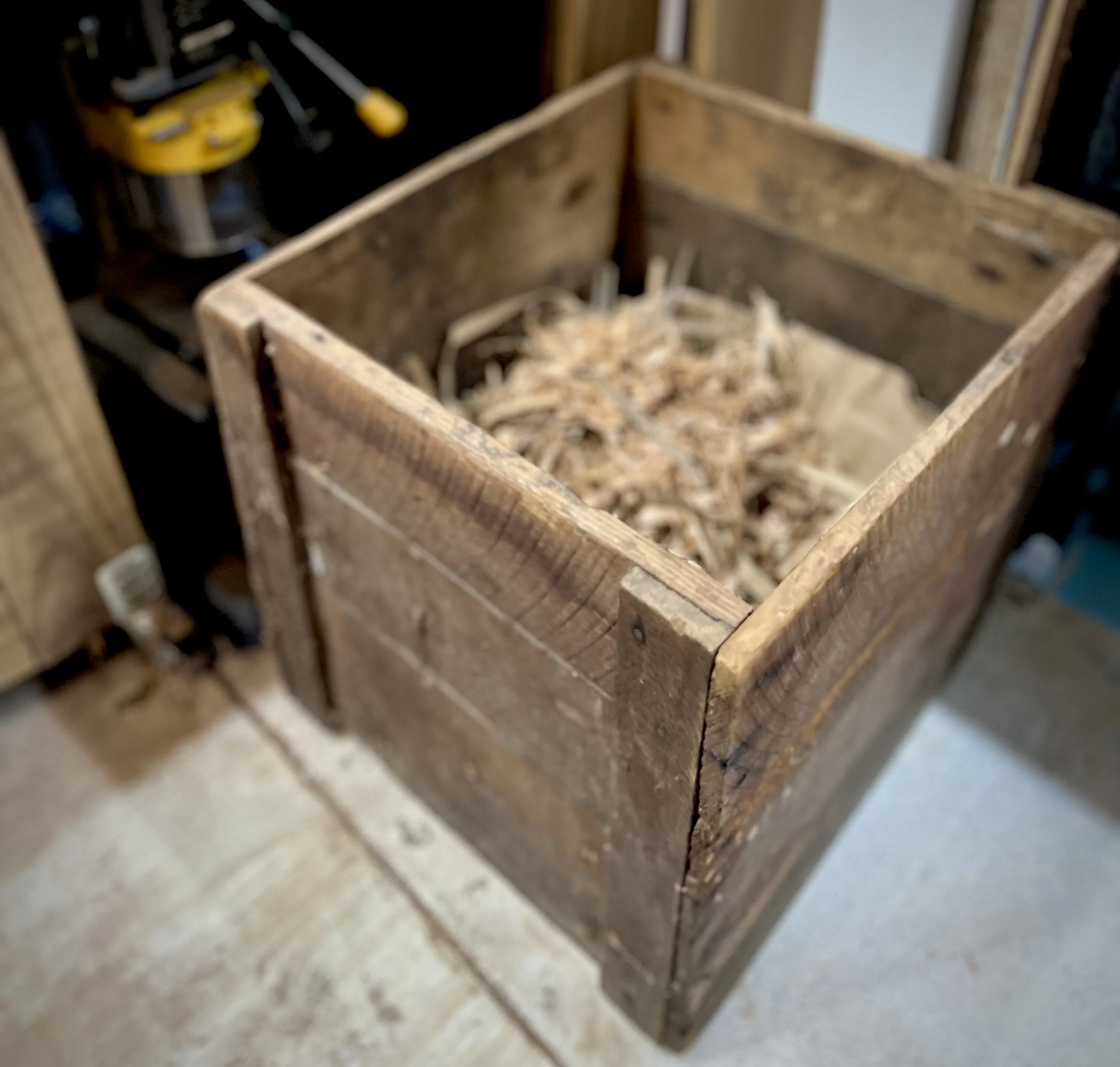 Workshop dust bin filled with curled cedar shavings from carving work