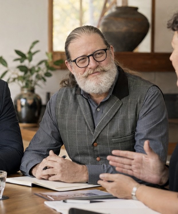 A man with gray hair, beard, and glasses, wearing a checkered shirt and blue vest, is looking at a person whose face is obscured in the foreground. The man appears to be speaking or explaining something.