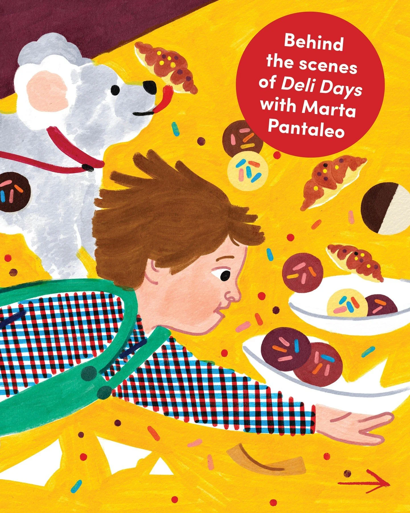 Behind-the-scenes of 'Deli Days', with illustrator Marta Pantaleo 🥯✨⁠
⁠
Every spread begins as a black and white marker drawing on paper. Once Marta is happy with the lines, the images are scanned and colour is added digitally &mdash; using brushes 