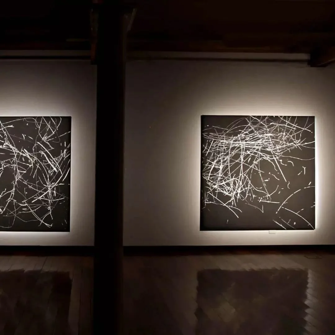 IND&Oacute;MIT/ Acr&iacute;lic sobre tela/ 200x200 cm
A l'obra Ind&ograve;mit el tra&ccedil; de l'artista deixa de ser un gest intencionat per passar a ser el resultat d'un proc&eacute;s, l'impacte d'objectes sobre les teles. Aquestes l&iacute;nies e