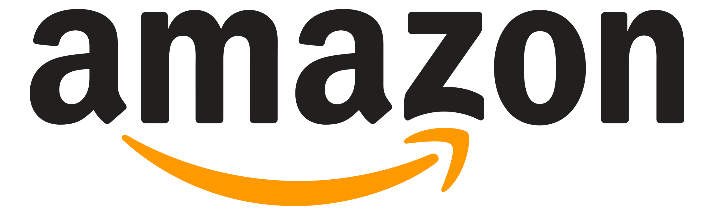 Amazon logo with black text and an orange curved arrow beneath.