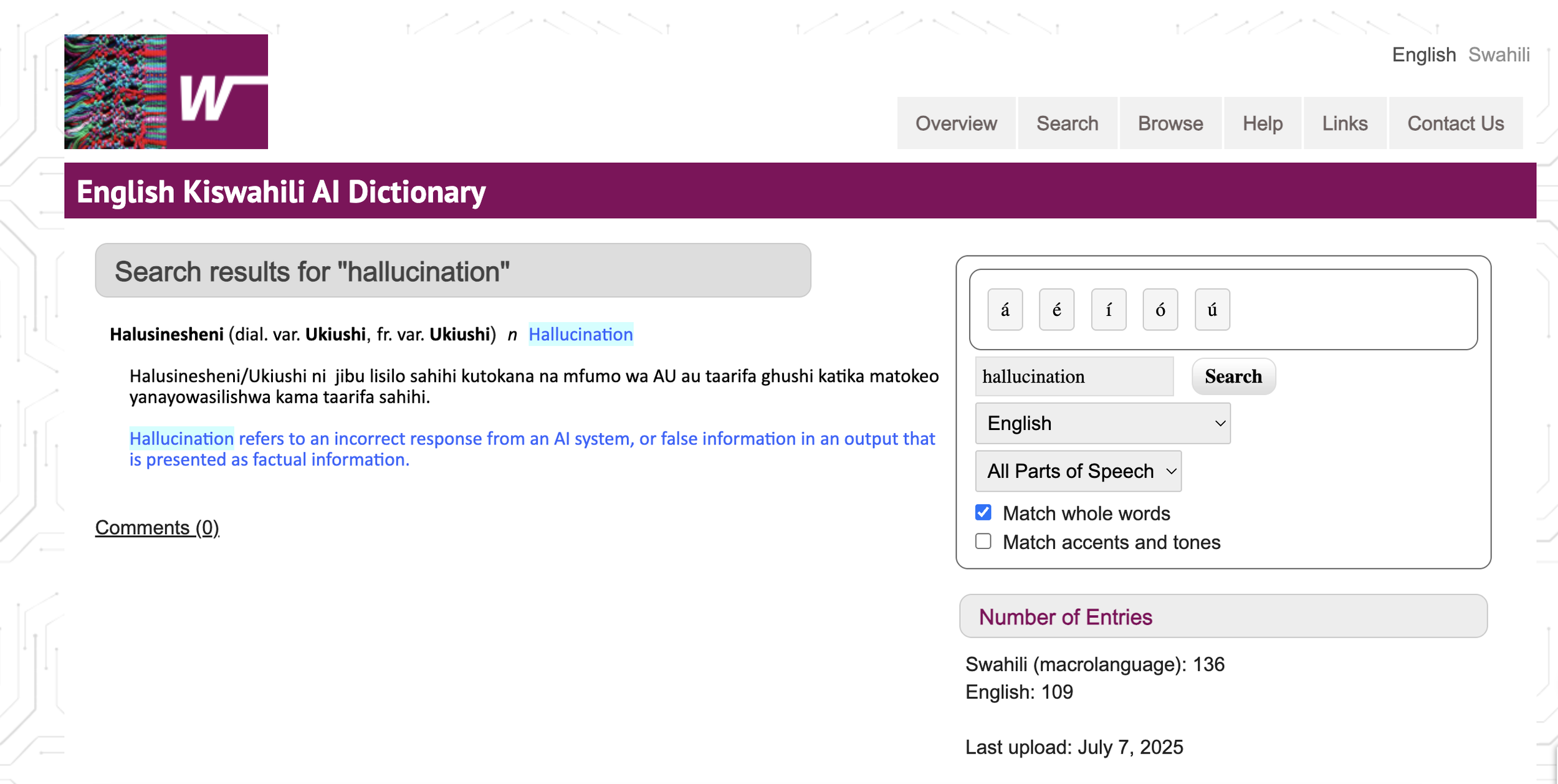 Screenshot of an online dictionary page showing the definition of the word 'hallucination' in Swahili and English, with a search box and language options.