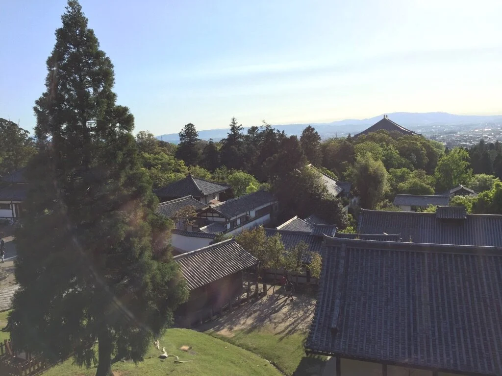 A scenic view of traditional Japanese buildings with tiled roofs surrounded by lush green trees and mountains in the distance under a clear sky.
