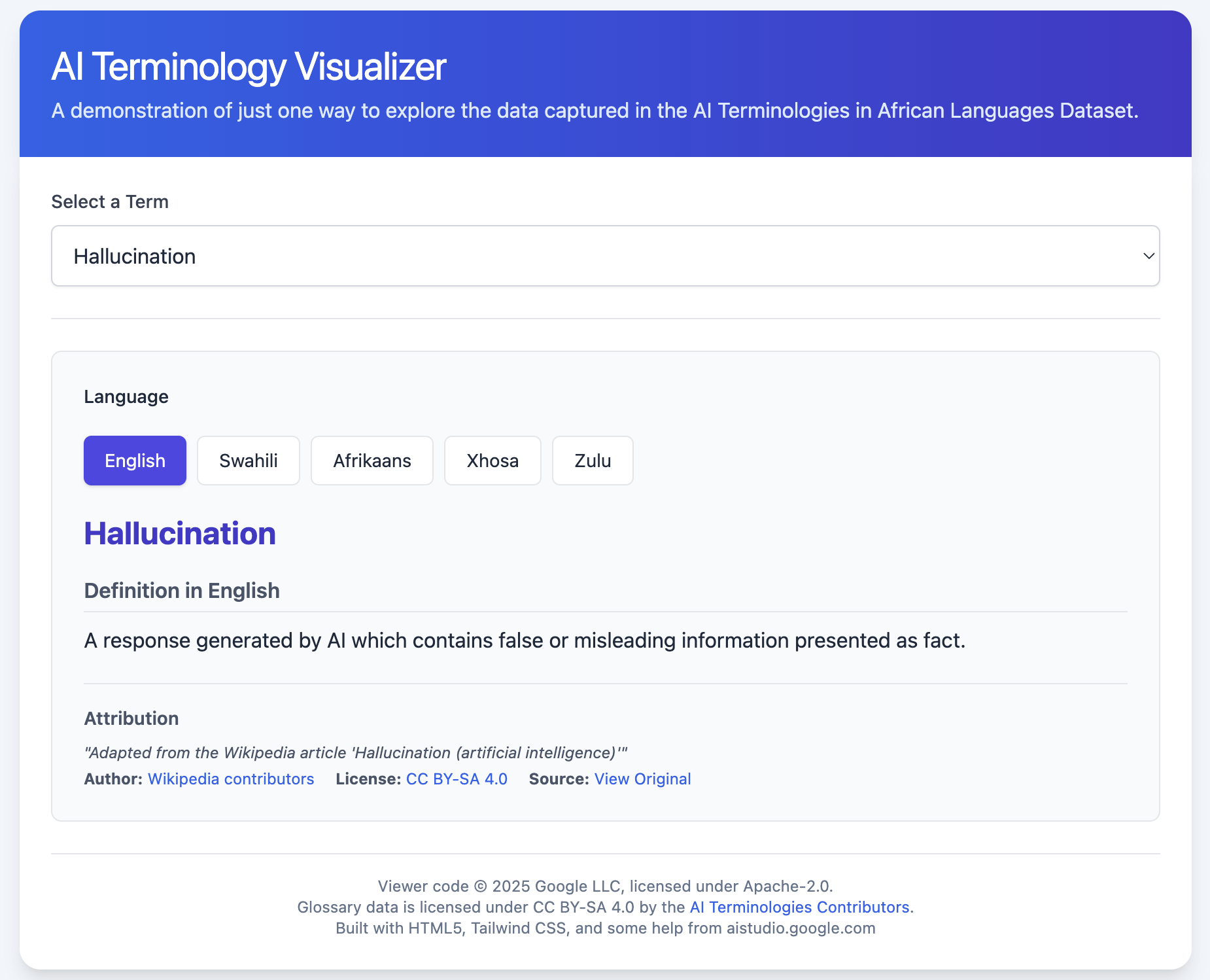 Screenshot of AI Terminology Visualizer webpage showing the term 'Hallucination' in English, with description and attribution info, in a blue and white interface.