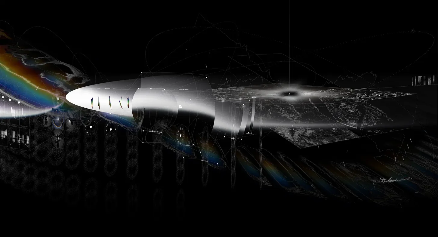 Digital illustration of space, featuring Earth, a rainbow-colored spectrum, stars, and galaxy patterns with abstract technological overlays.