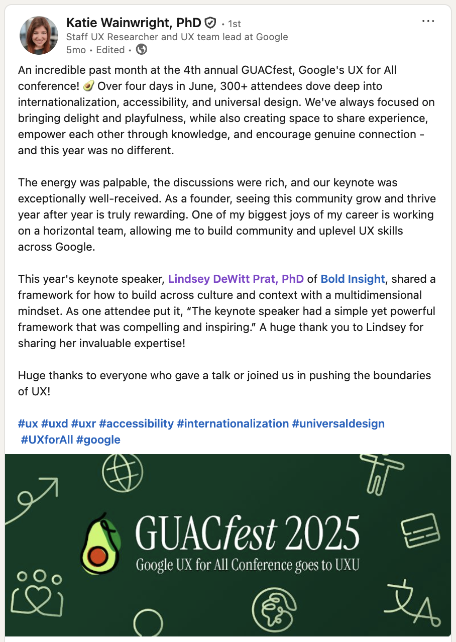 GUACfest 2025 Google UX for All Conference logo with avocado icon on a green background, surrounded by line art icons representing various concepts.