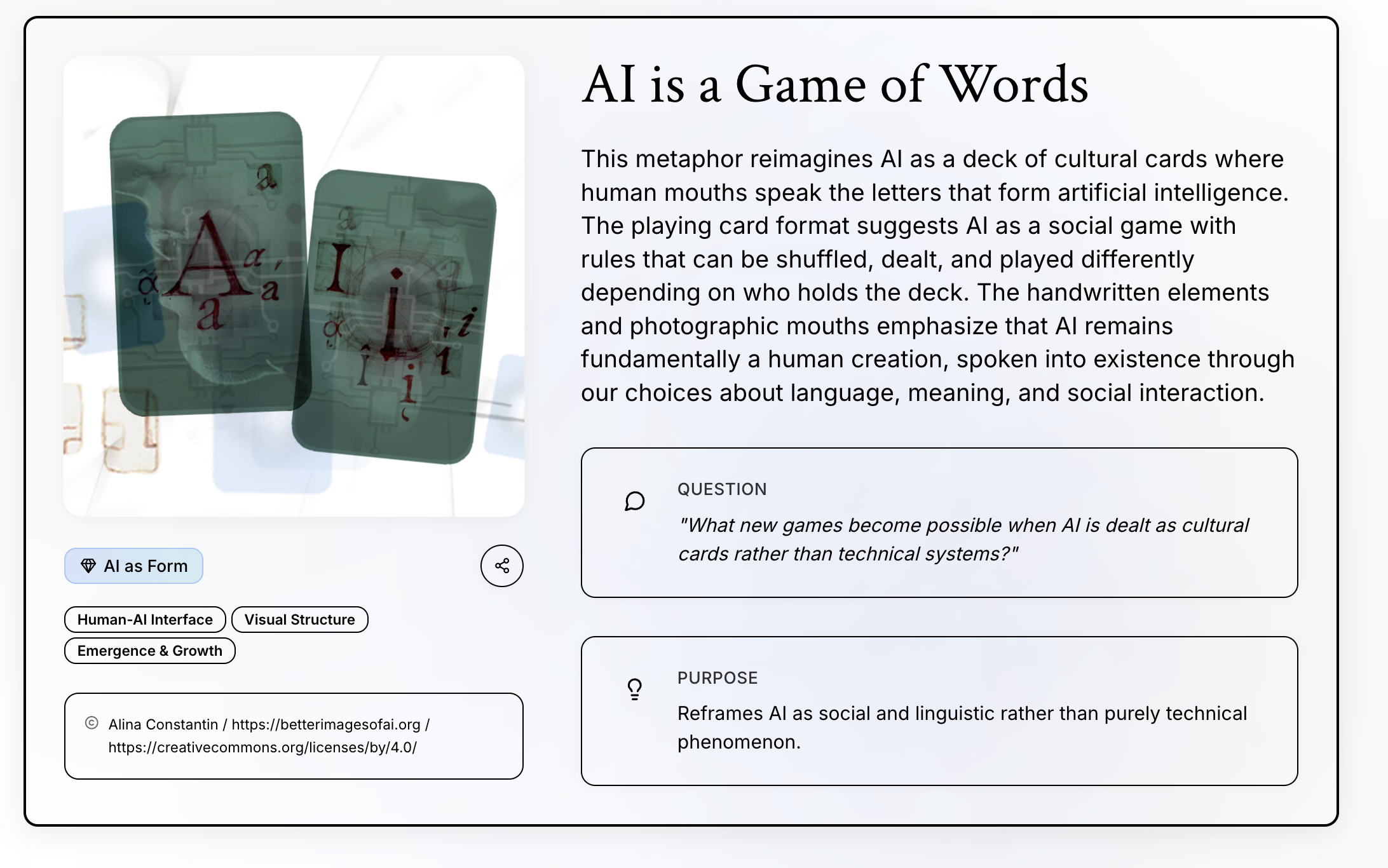 Diagram illustrating AI as a game of words with playing cards featuring language symbols, associated with the metaphor of cultural cards speaking the letters of artificial intelligence.