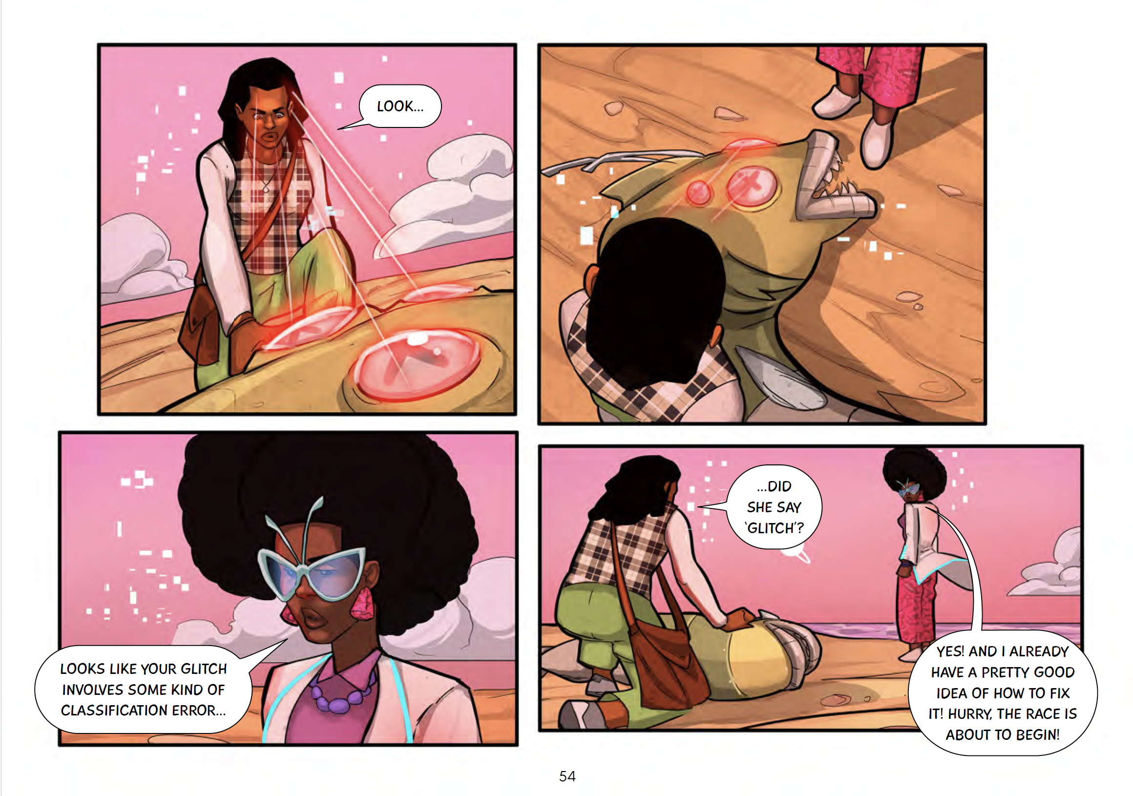 Four-panel comic illustration from UNESCO’s Inside AI, showing characters examining a device while discussing a ‘glitch,’ with visual effects suggesting technical malfunction.