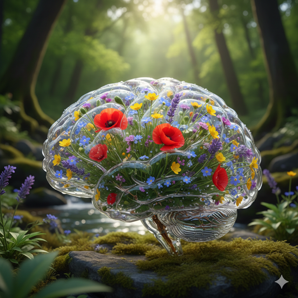 Glass brain filled with flowers against a woodland scene