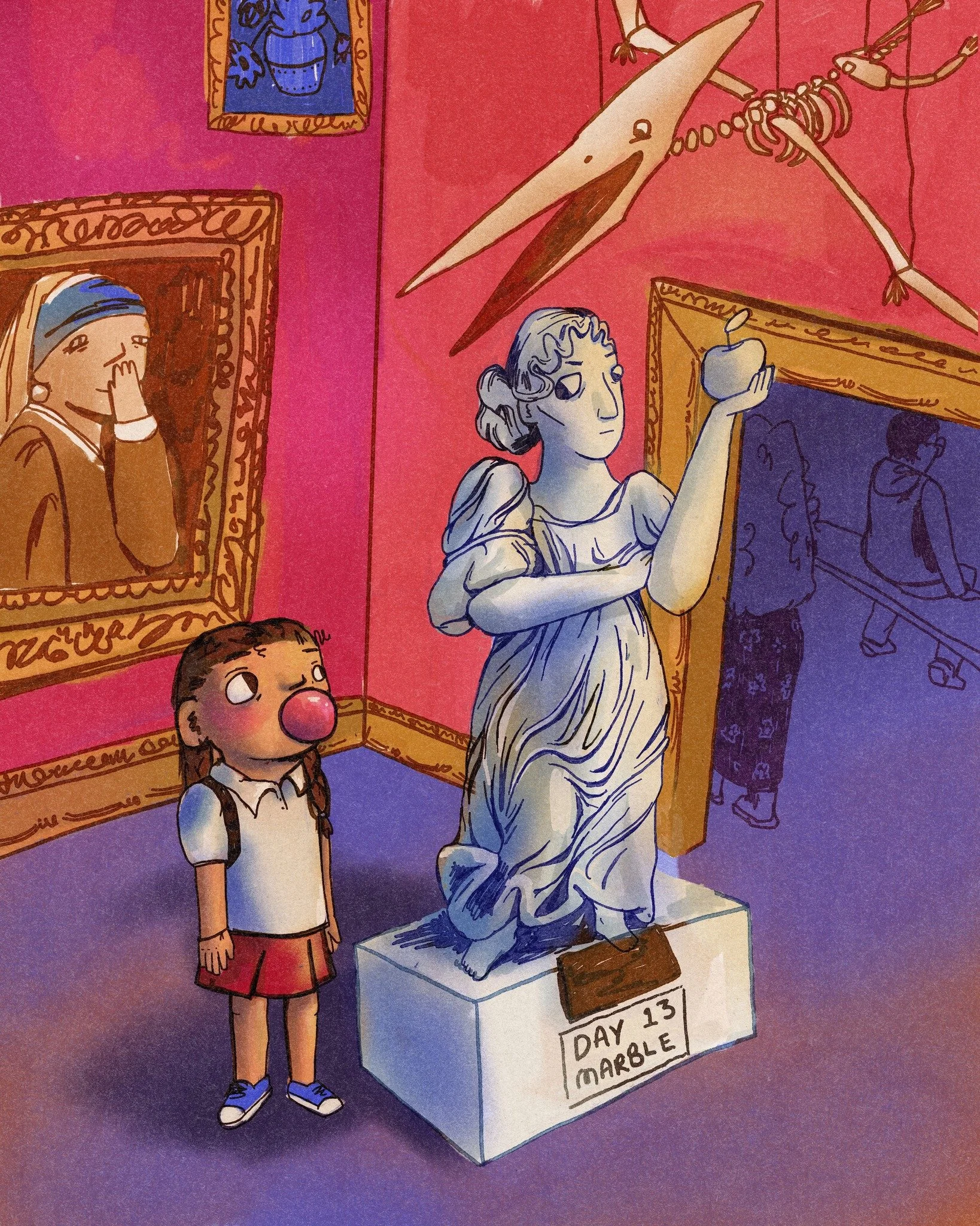 Day 13. Marble

I think this miiiight have been the most fun to make yet? I had an amazing picture book growing up set in a museum, but have no idea what it was called. I remember pouring over all the little details in the background, and the intrica