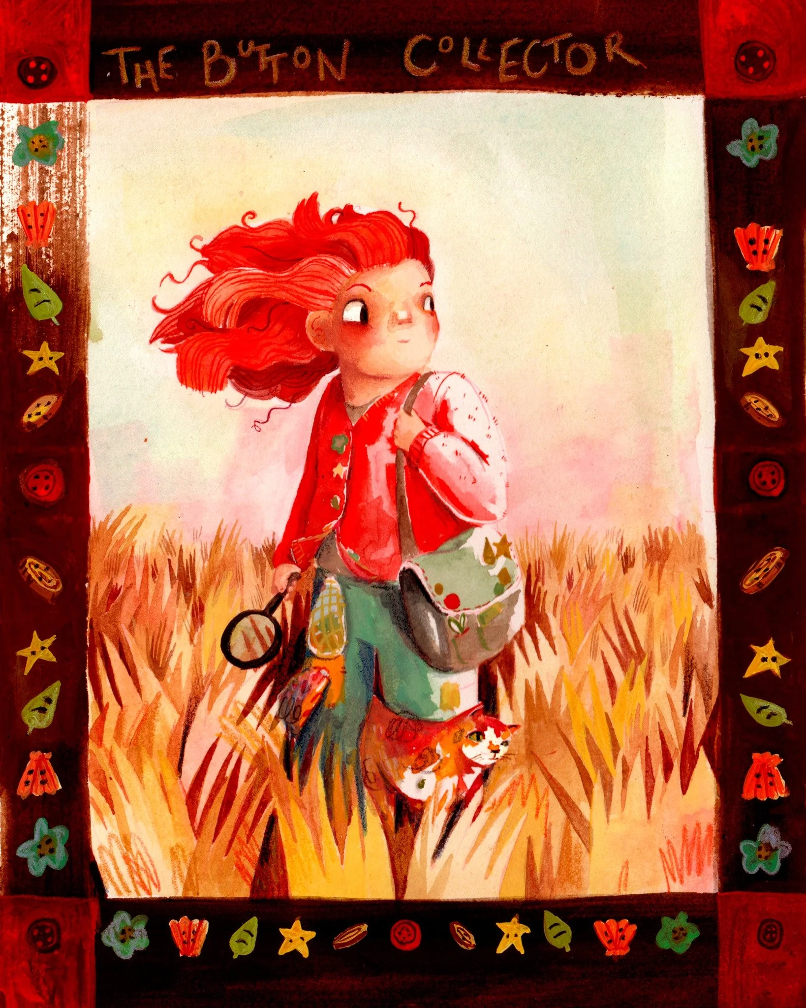 Day 28. BUTTON

The Button Collector! She wanders from place to place finding flotsam to turn into buttons, with her cat &ndash; whose name is Buttons, obviously &ndash; at her side. The windy hair and friendly tussocks were a JOY to paint. After @pe