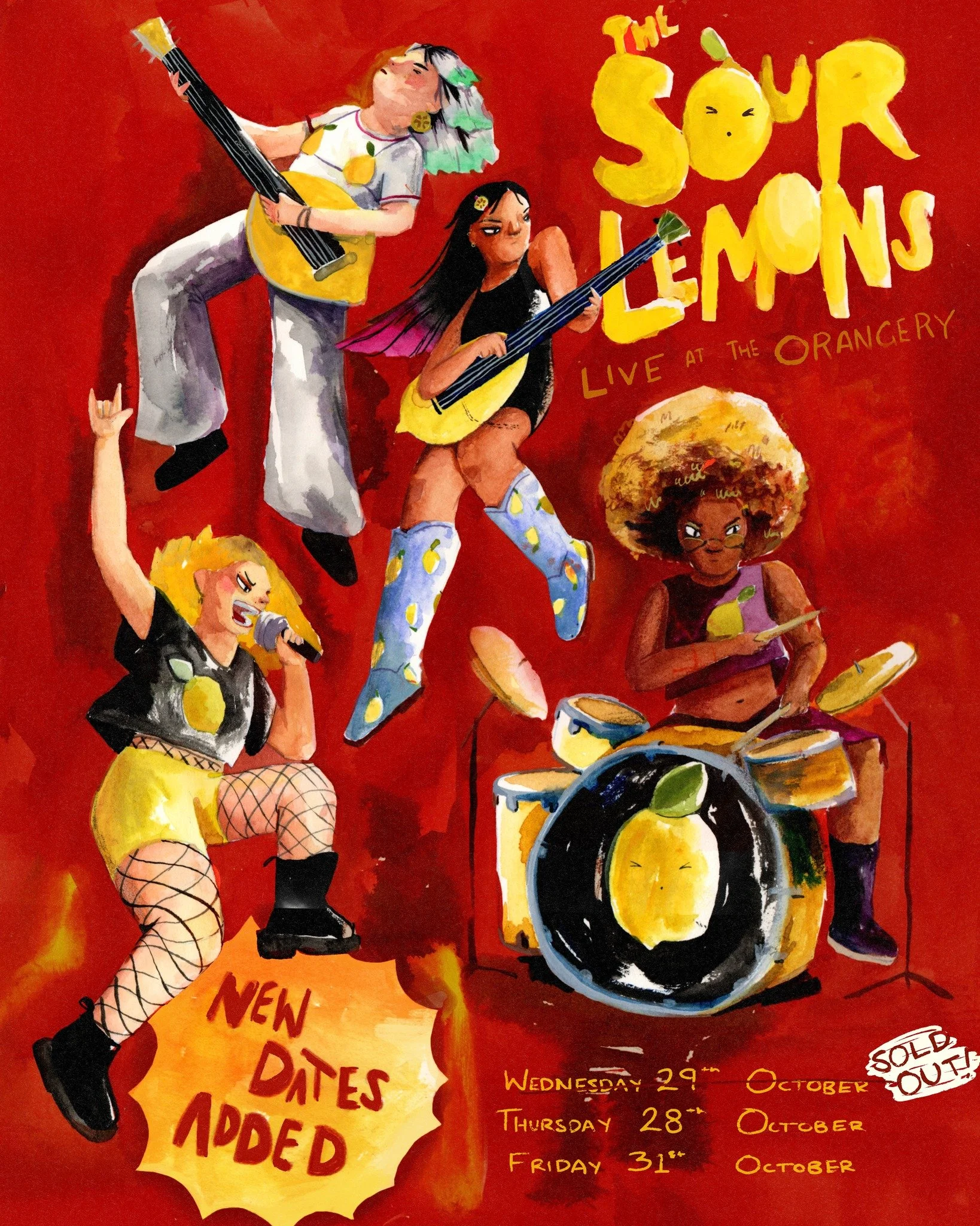 Day 29. SOUR

The Sour Lemons, live at the Orangery &ndash; NEW DATES ADDED! Everything was painted separately and then stitched together digitally so that I could get a bit more real estate and freedom to work on the characters. A lot more work but 