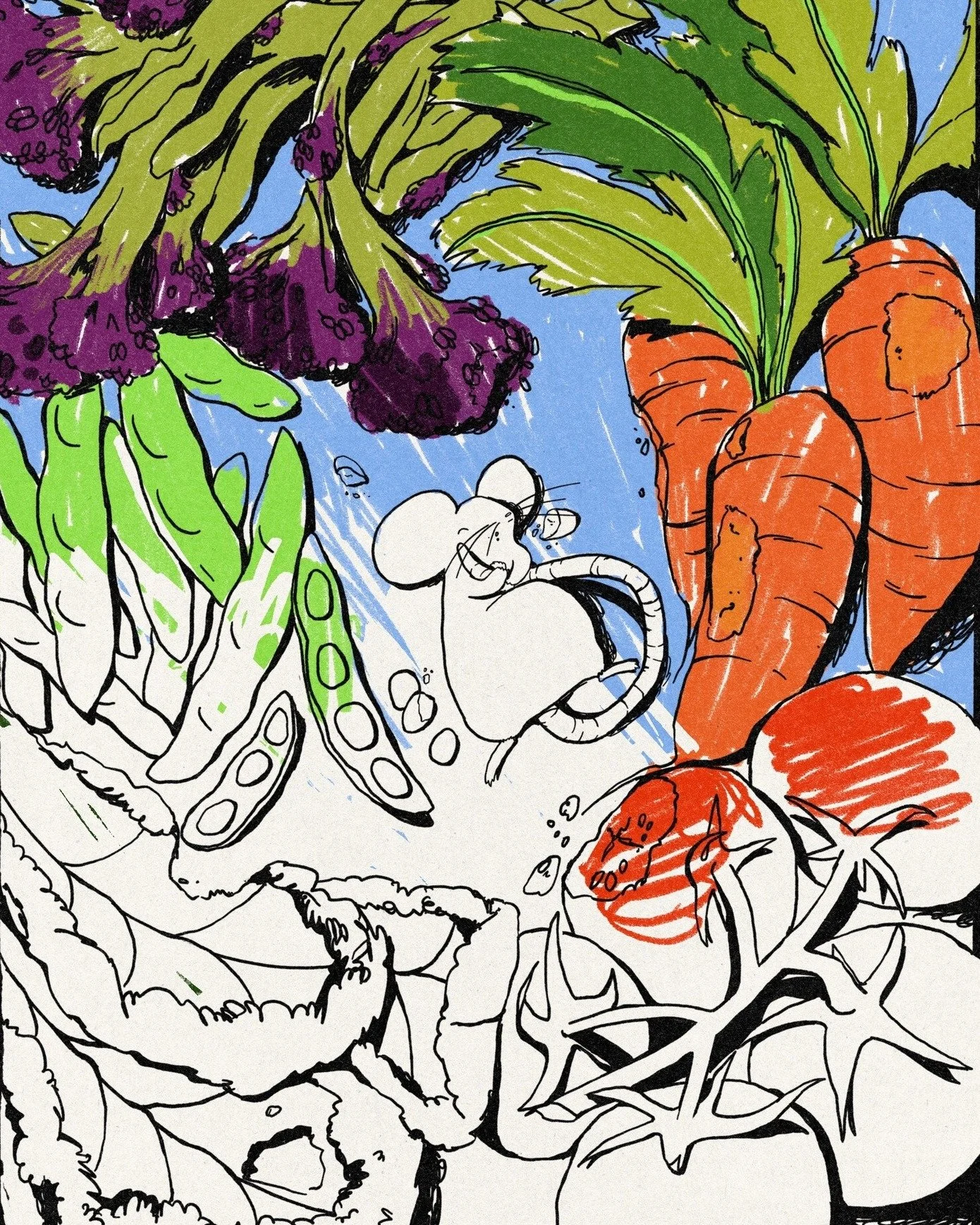 Another goodie coming to the online store this Saturday: Garden Critter Colouring Zine!

An A4 colouring book featuring 4 garden scenes to fill in &ndash; including a simply FURIOUS radish, some wormy neighbours in their apple cottages and more.

Lau