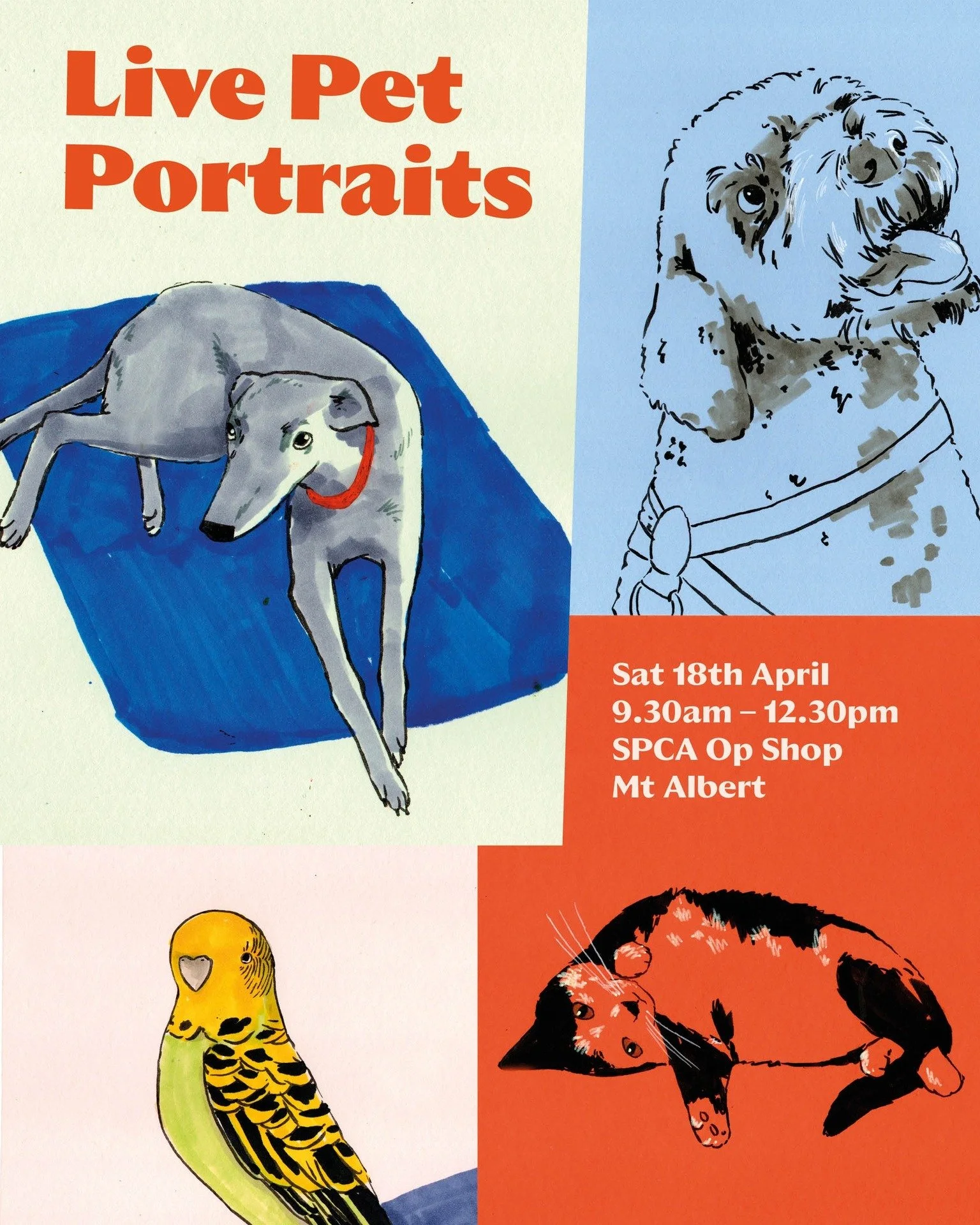 Ōwairaka pals! In a couple of weeks I'll be doing some live pet portraits at the Mt Albert @spcaopshops so please bring your little buddies along so I can immortalise them with my silly drawings!

Saturday 18 April
9.30am &ndash; 12.30pm
at the SPCA 