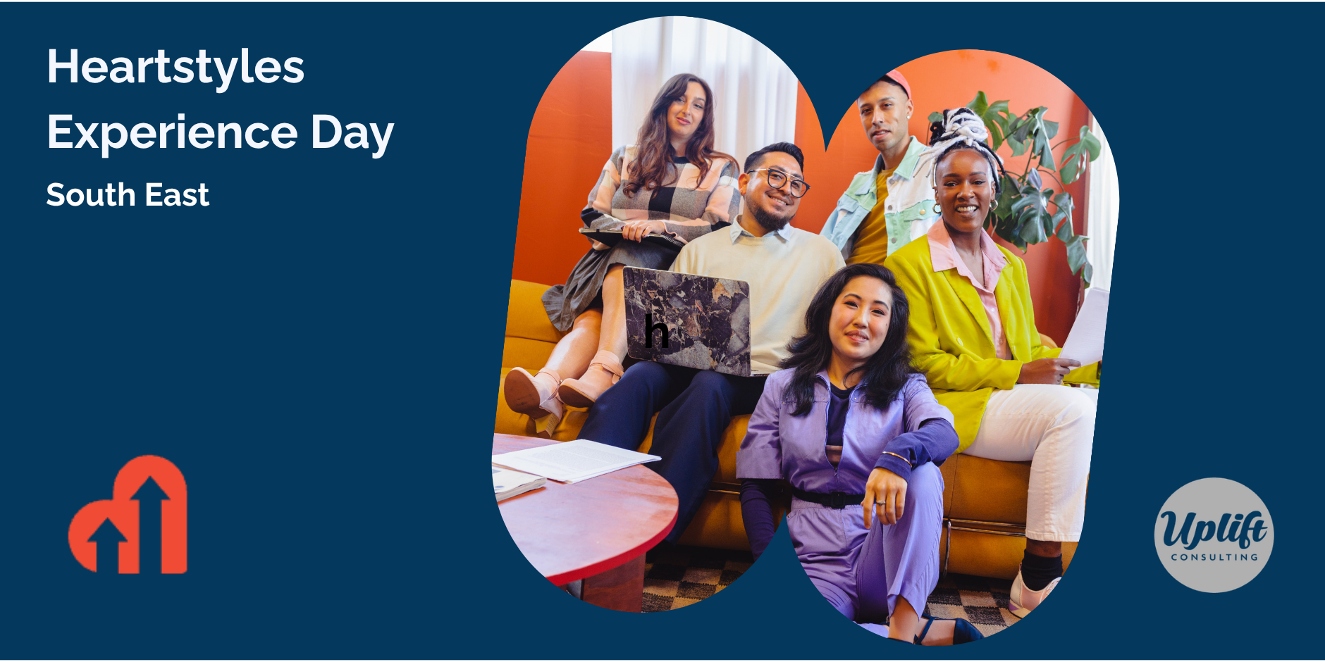 Group of diverse young adults sitting on a yellow couch, smiling, with laptops and papers, in a colorful room with a plant, promoting Heartstyles Experience Day for Uplist Consulting in Southeast.