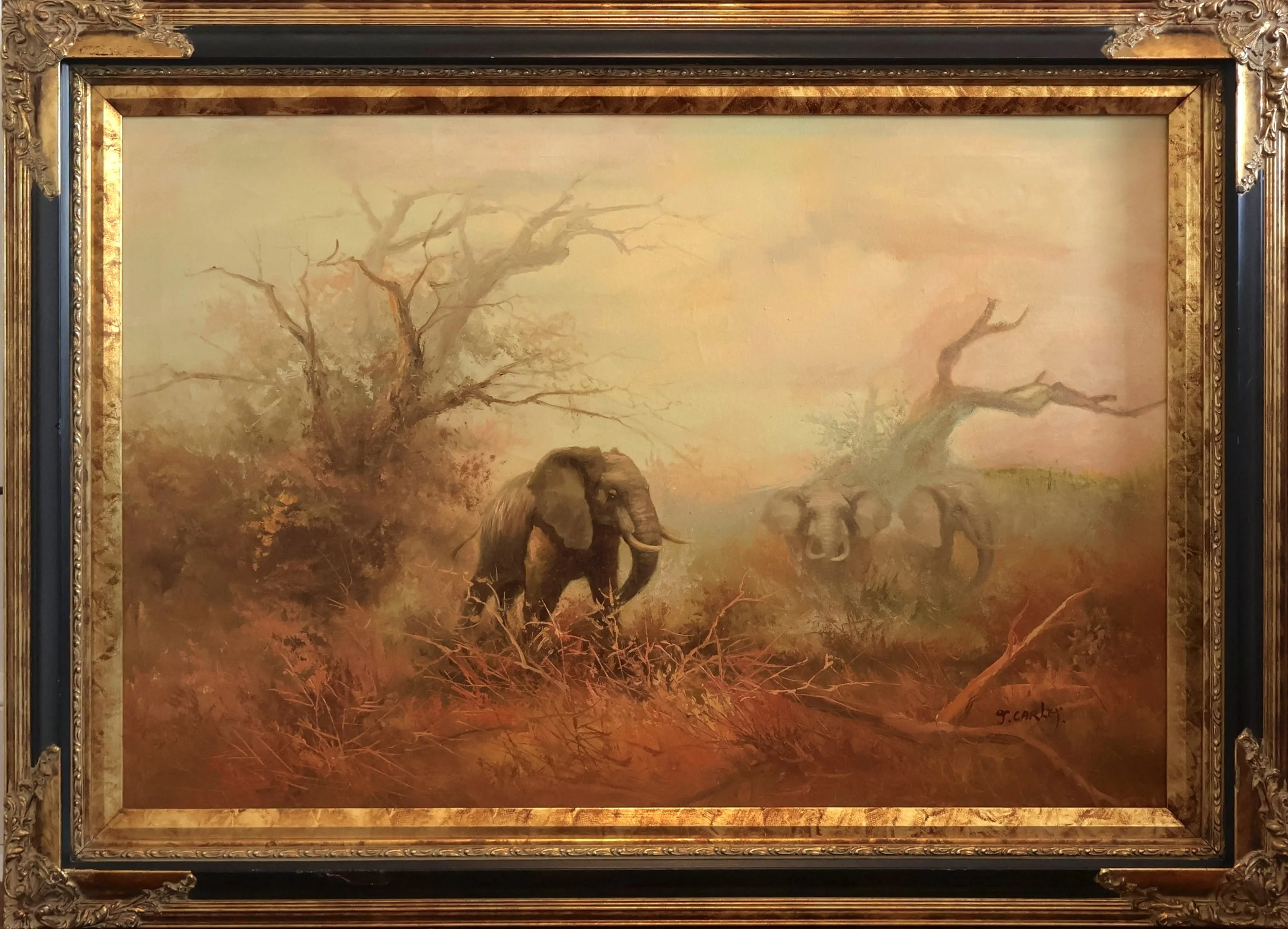 Vintage African Landscape with Elephants
