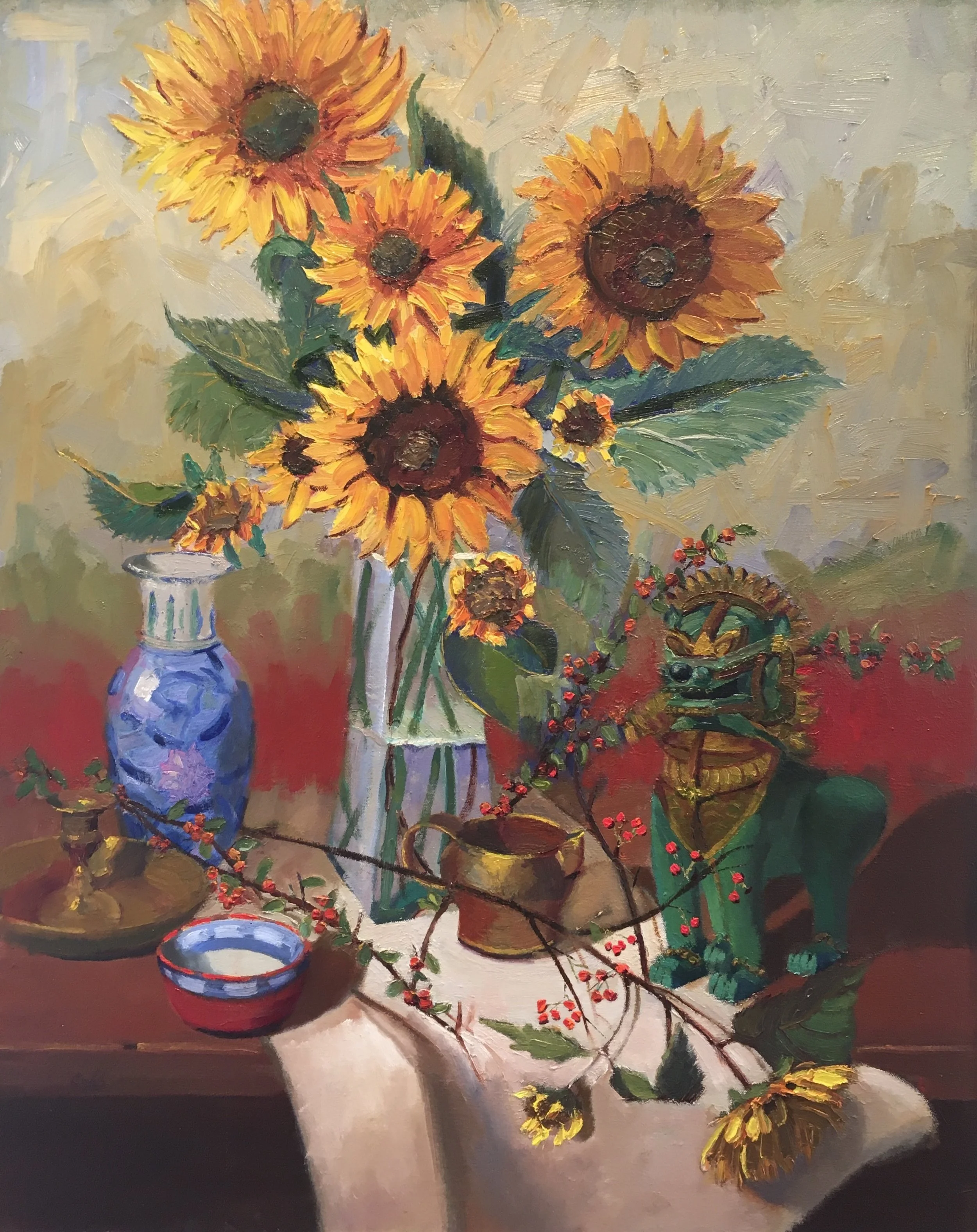 Sunflowers and Foo Dog