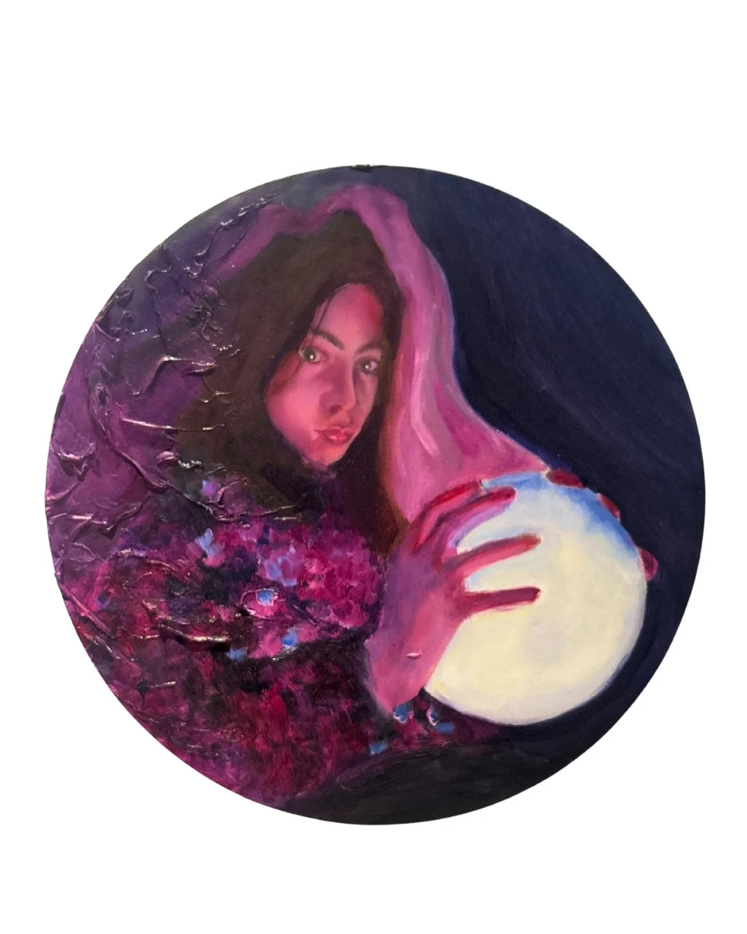 Circular painting of a woman with dark hair, holding a glowing white sphere, with pink and purple hues and textured brushstrokes