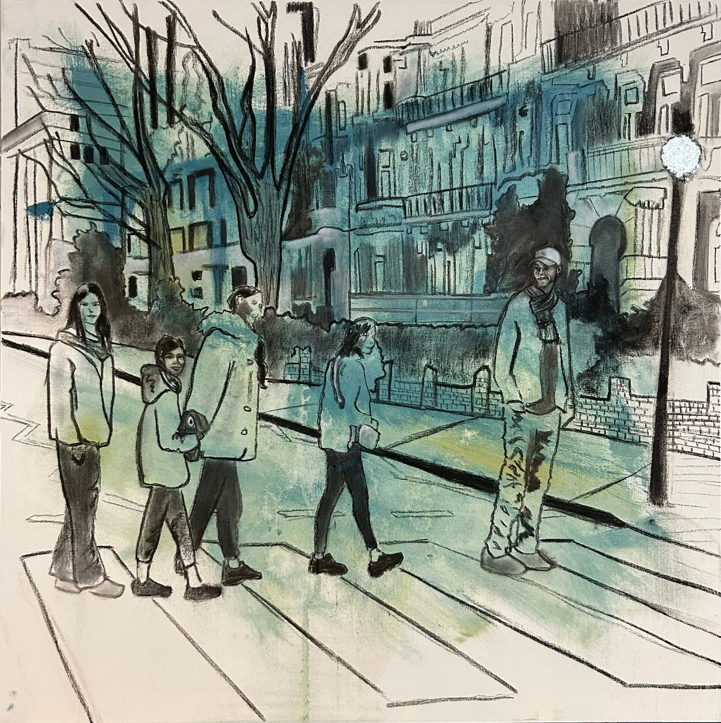 A watercolor sketch of a city street scene with several people walking, lined with trees and buildings with balconies. The scene captures a moment of daily life with a mix of urban architecture and pedestrians.