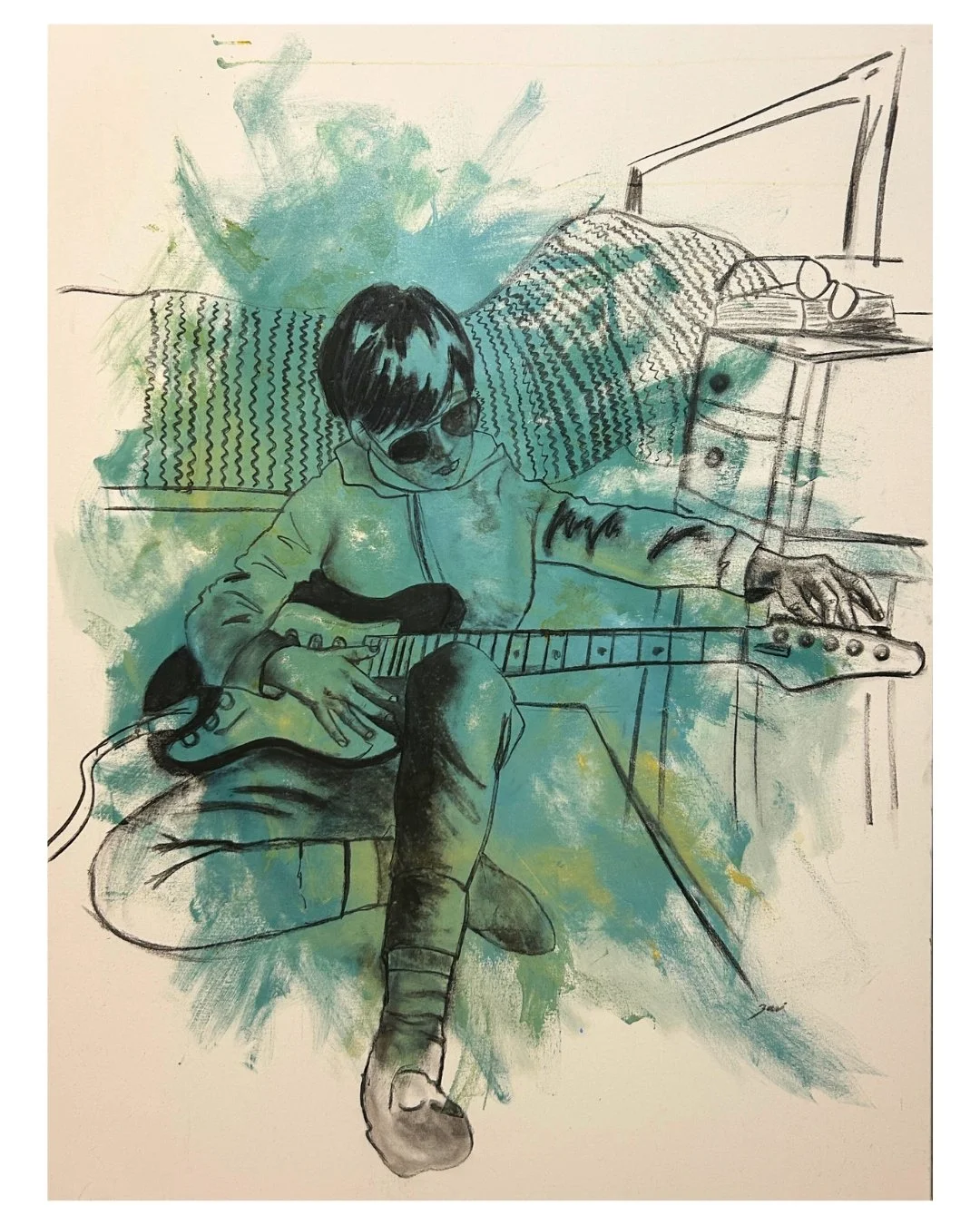 A person sitting cross-legged, wearing sunglasses and a hoodie, playing an electric guitar. The background includes a bed with a patterned blanket, a nightstand with a pair of glasses and a stack of books, and some abstract watercolor splashes.
