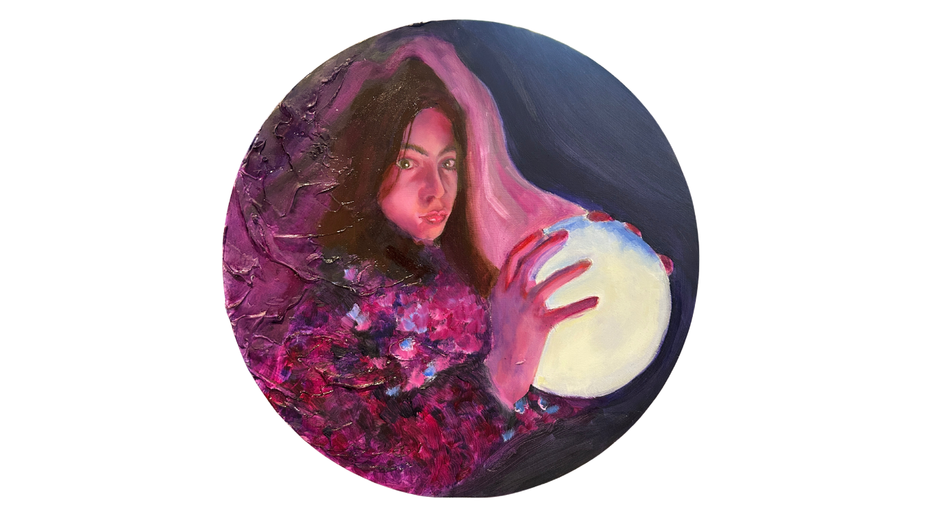 A woman with long brown hair holding a glowing white crystal ball, surrounded by dark and purple hues.