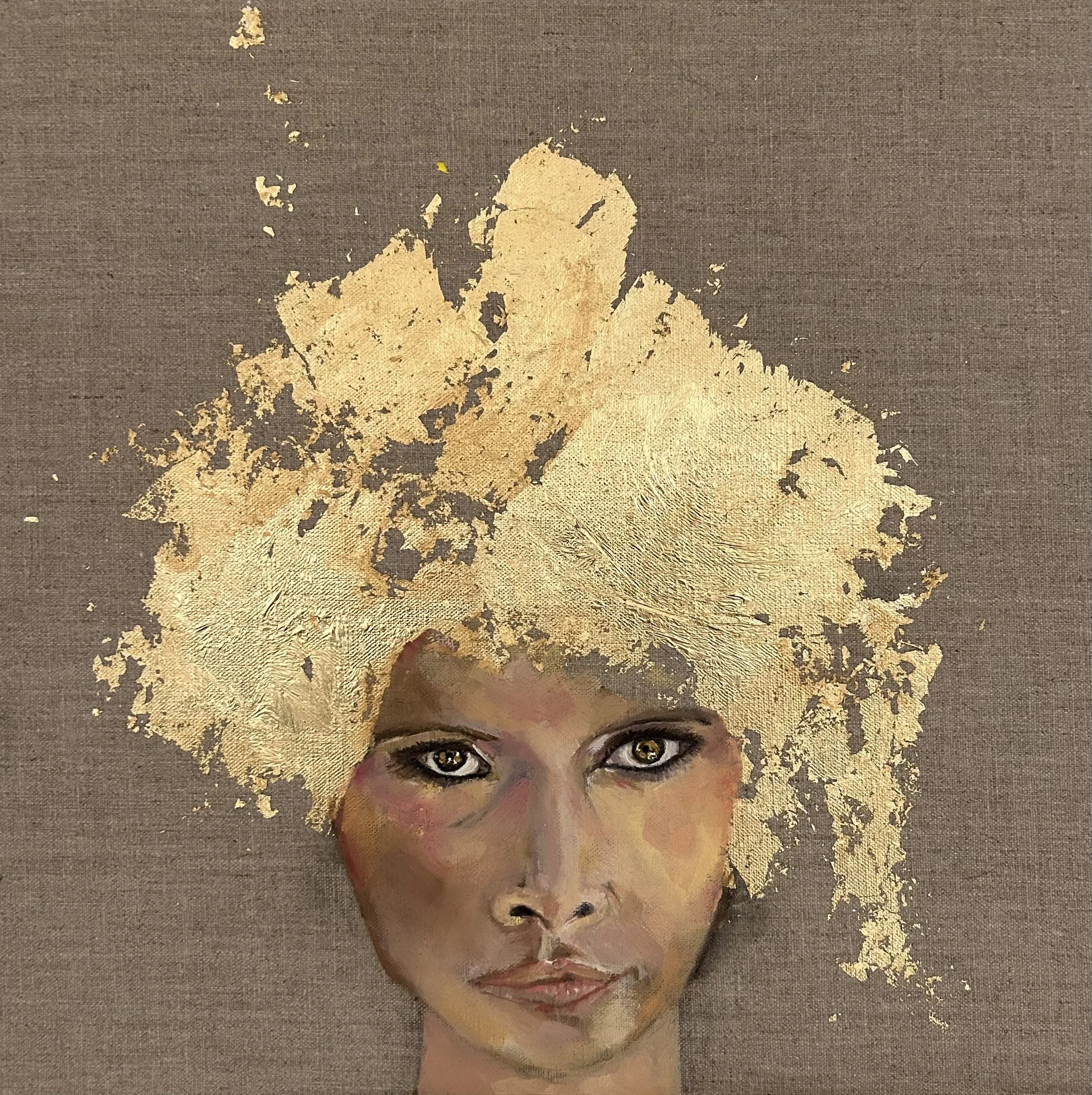 A portrait painting of a young woman with dark hair, brown eyes, and a subtle smile, set against a dark background with gold accents at the top and bottom.